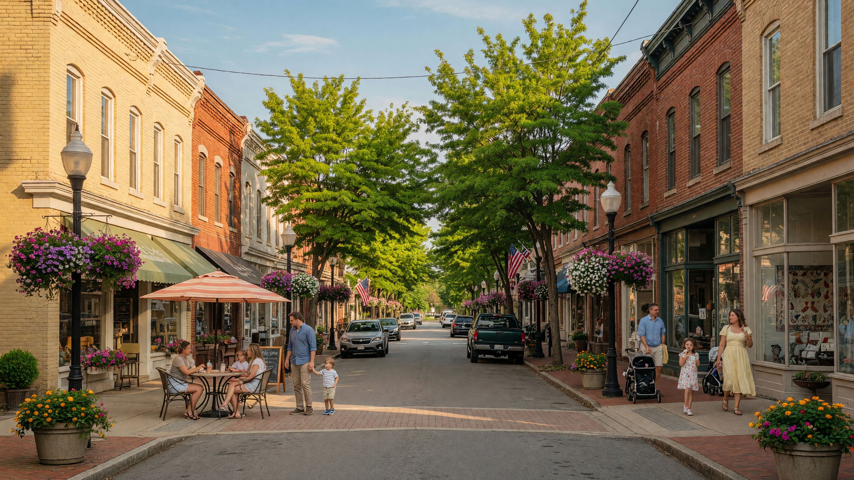 Charming Virginia town main street with brick storefronts, hanging flowers, and families walking on a sunny summer day