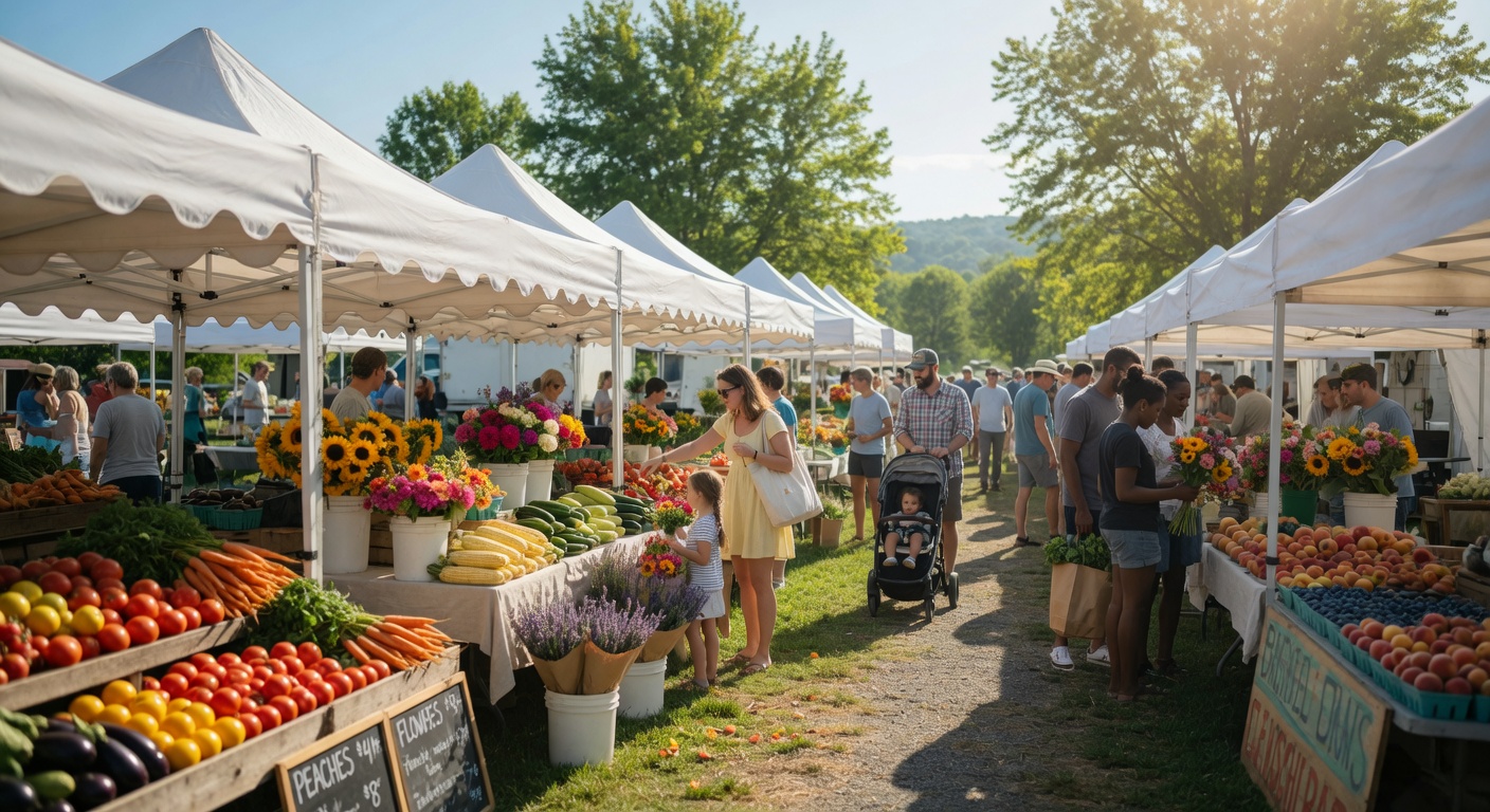 Outdoor farmers market with colorful produce stalls and families