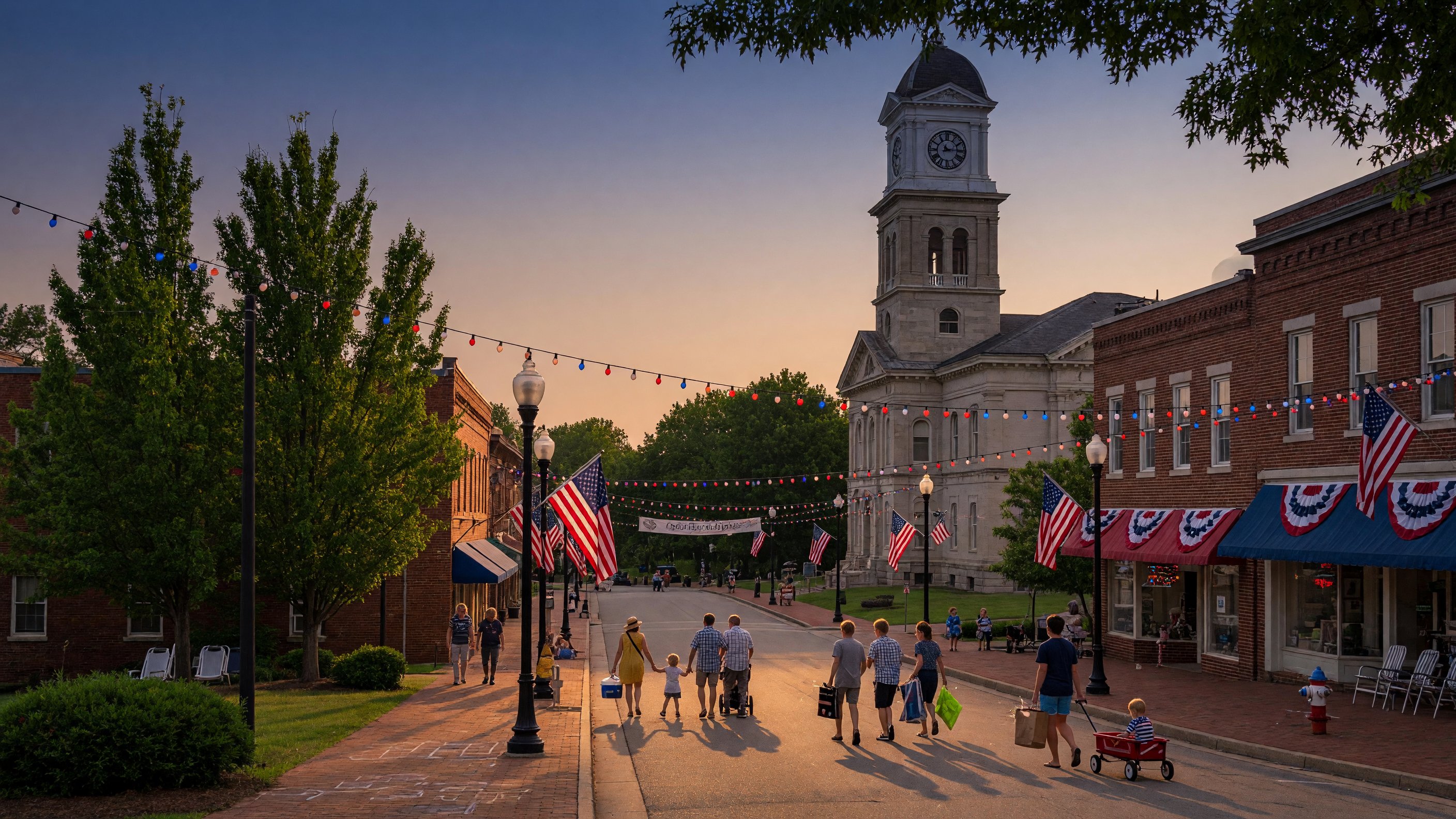 Virginia town main street decorated with American flags and patriotic bunting for a summer Independence Day celebration