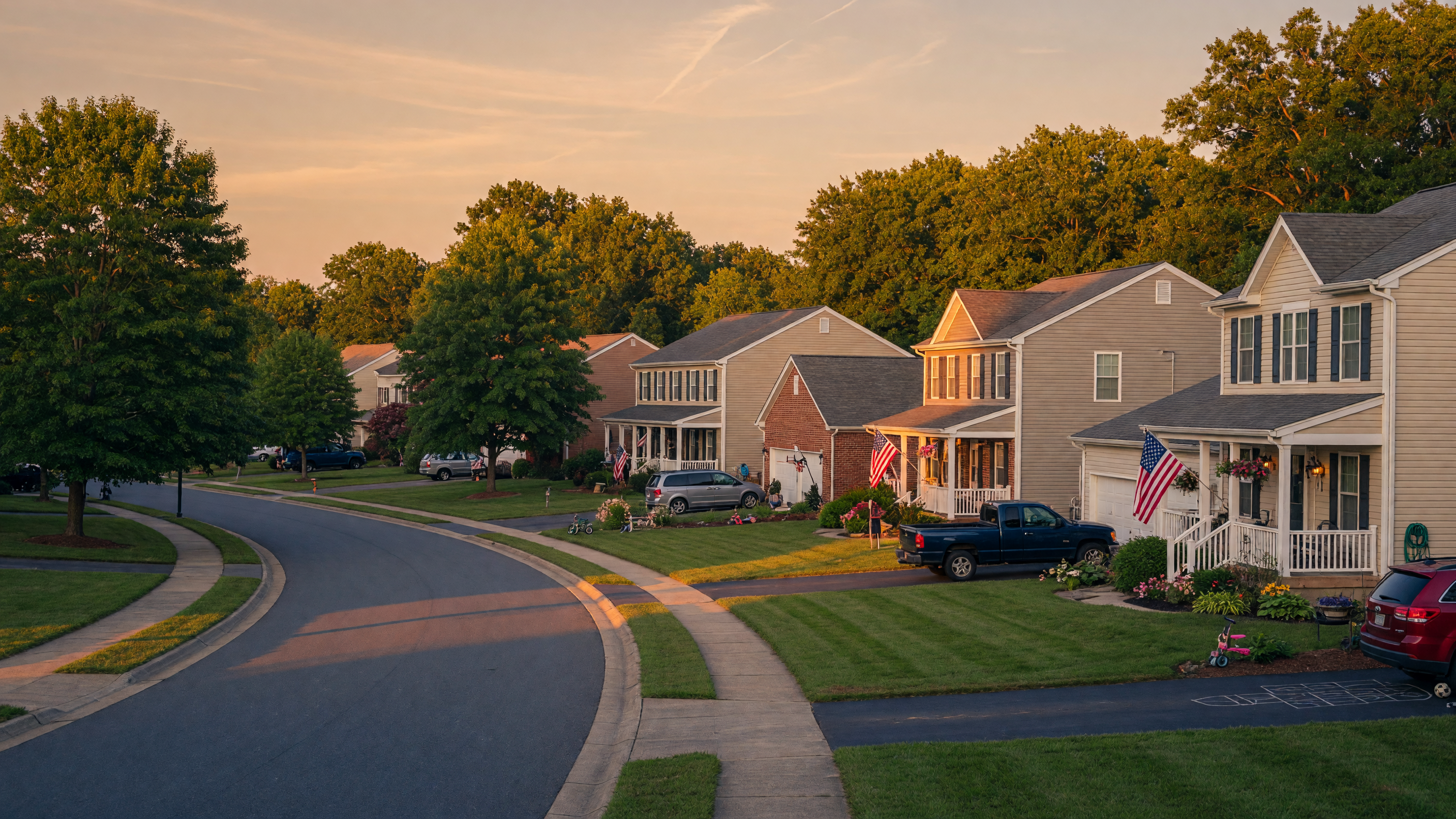 Tree-lined Virginia suburban street at golden hour with well-maintained homes and American flags