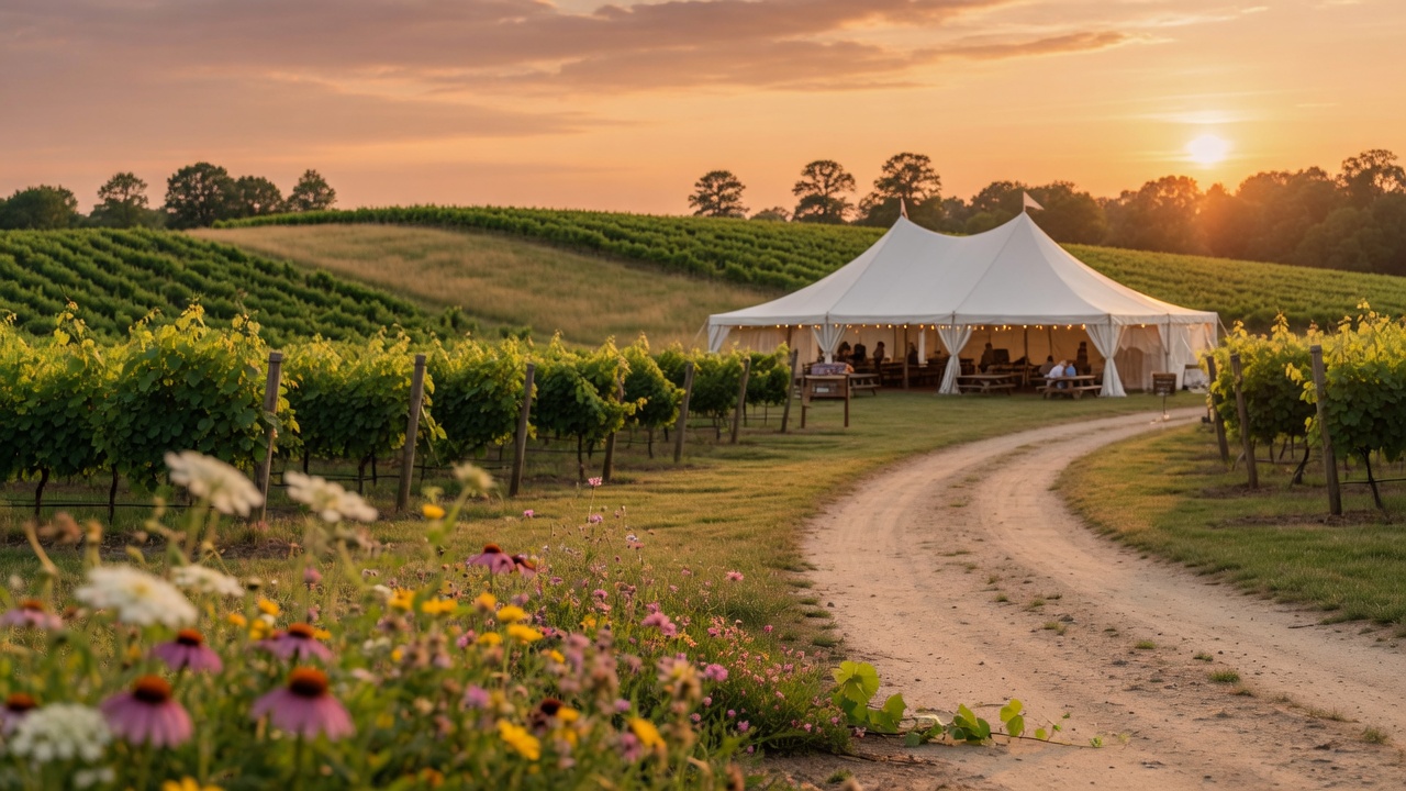 Scenic Virginia vineyard in New Kent County with rows of grapevines stretching toward rolling hills at golden hour