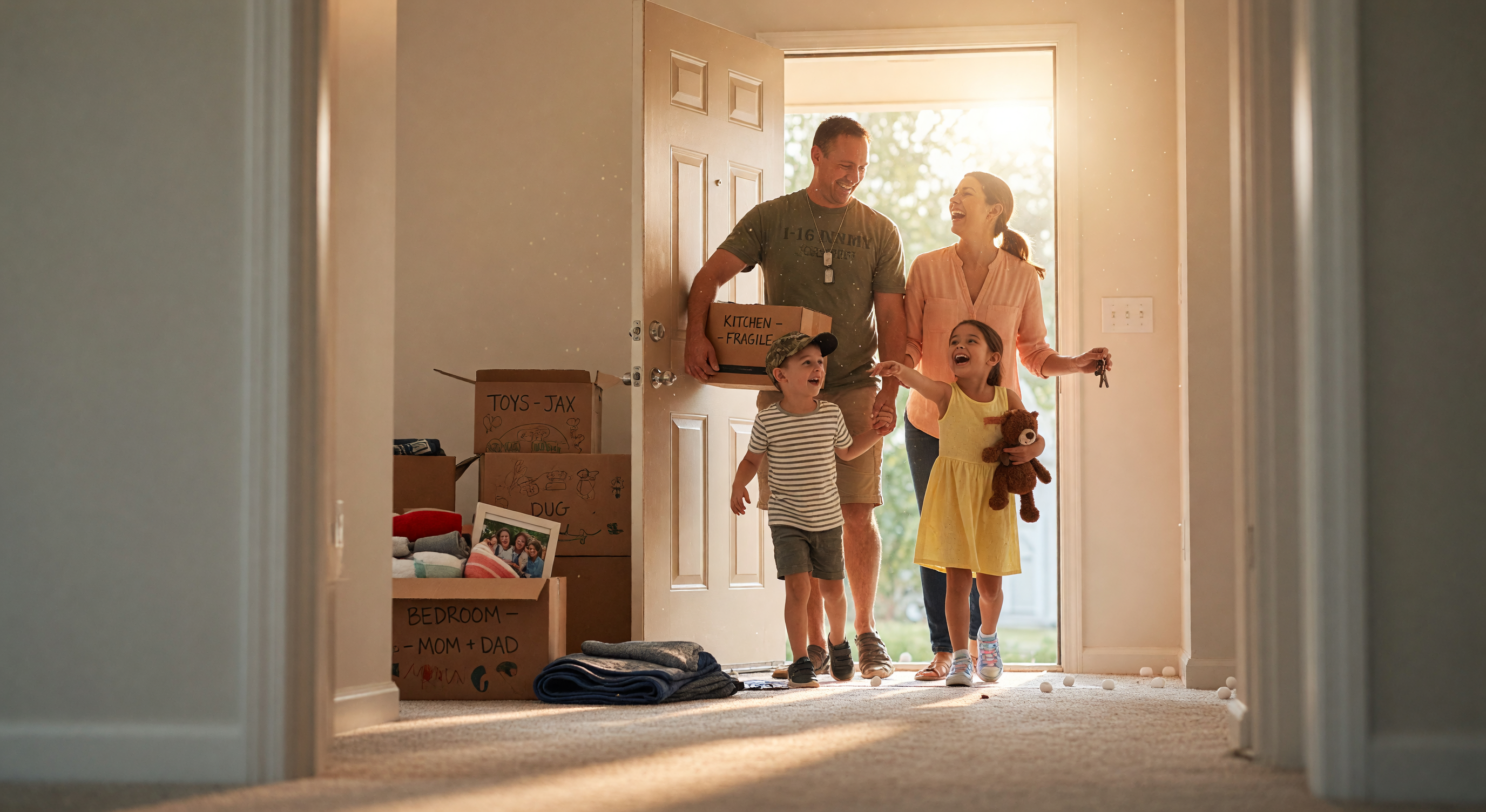 Military family entering their new home with excitement