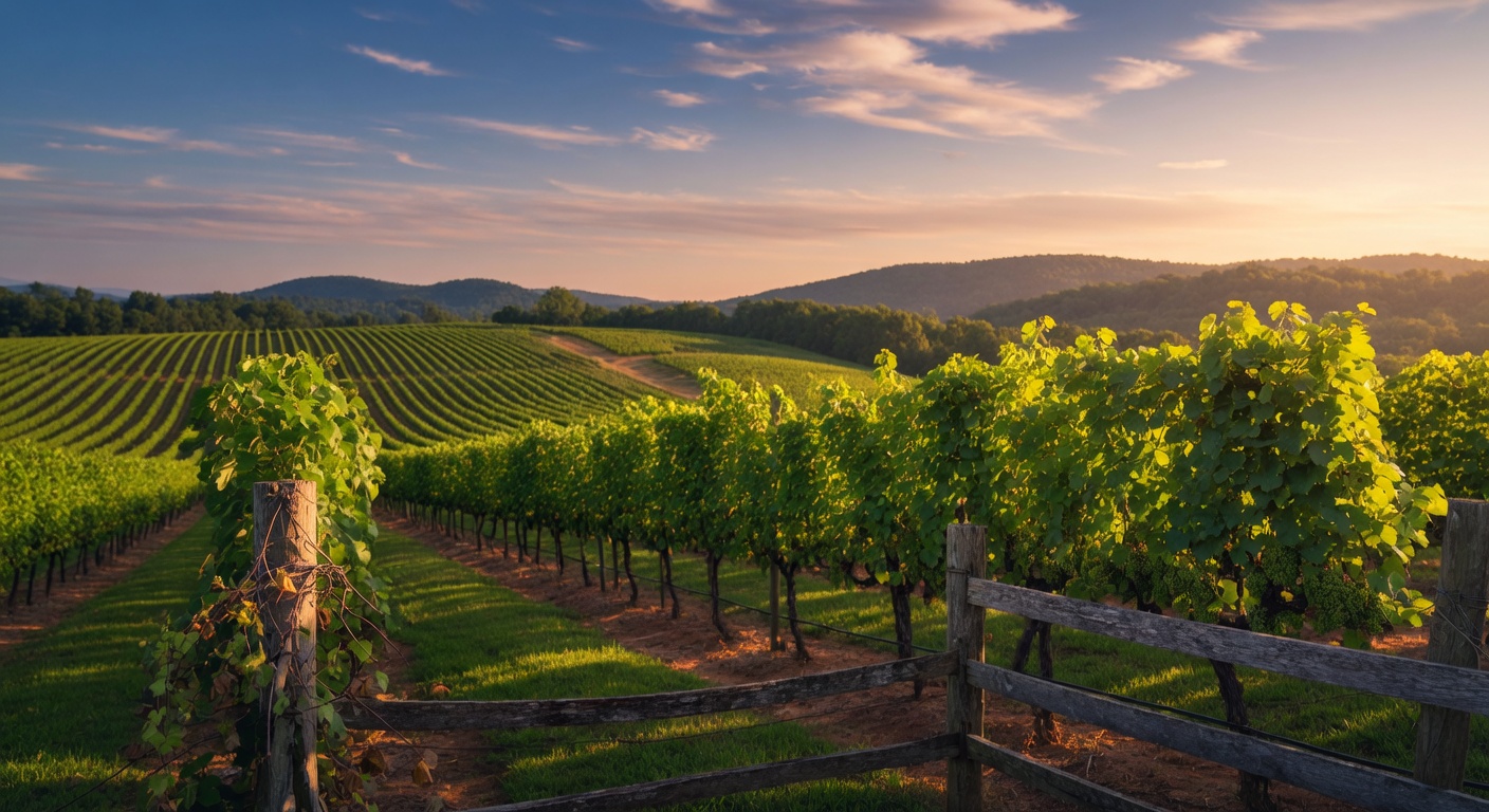 Lush Virginia vineyard with rolling hills at golden hour