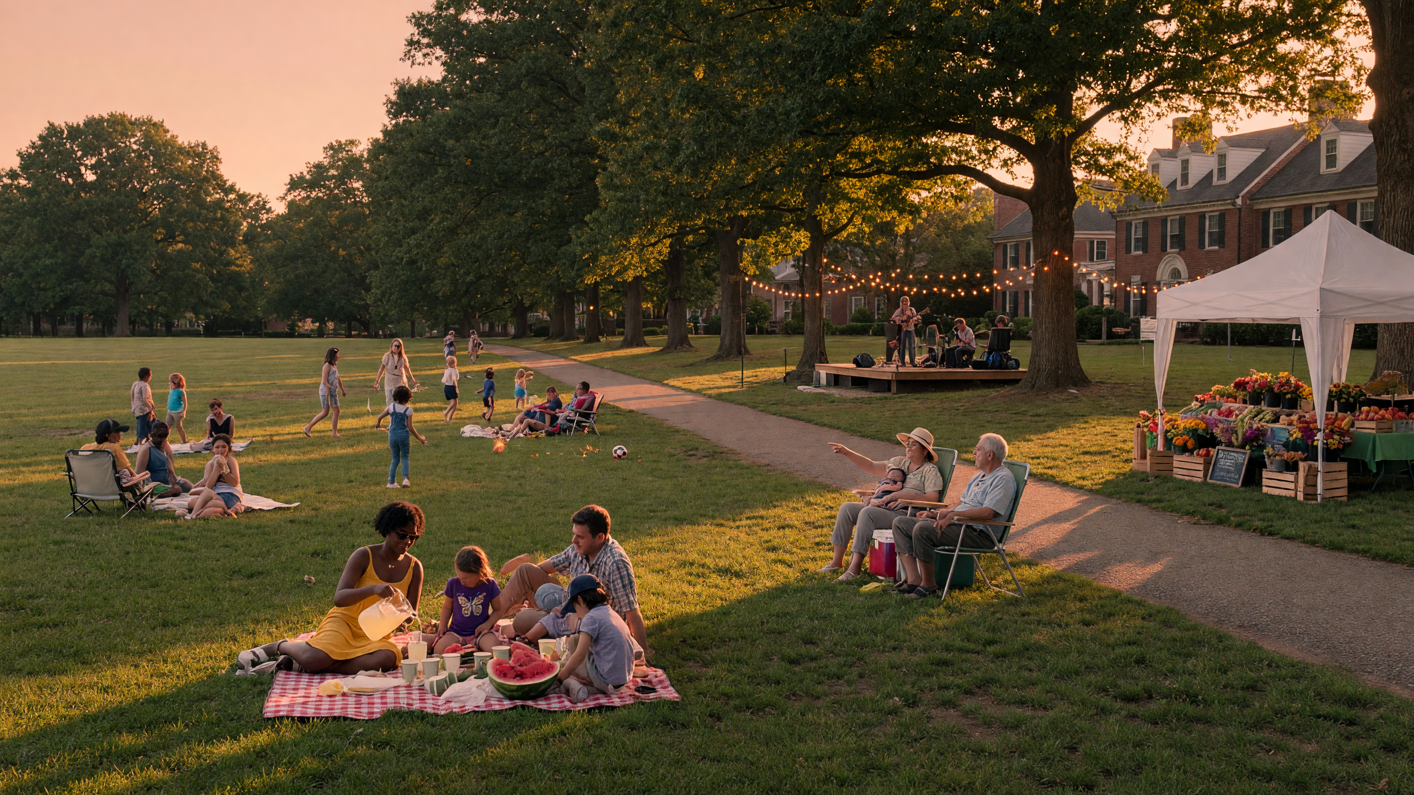 Families gathered on a Virginia park lawn during a warm summer evening community event with string lights and outdoor entertainment