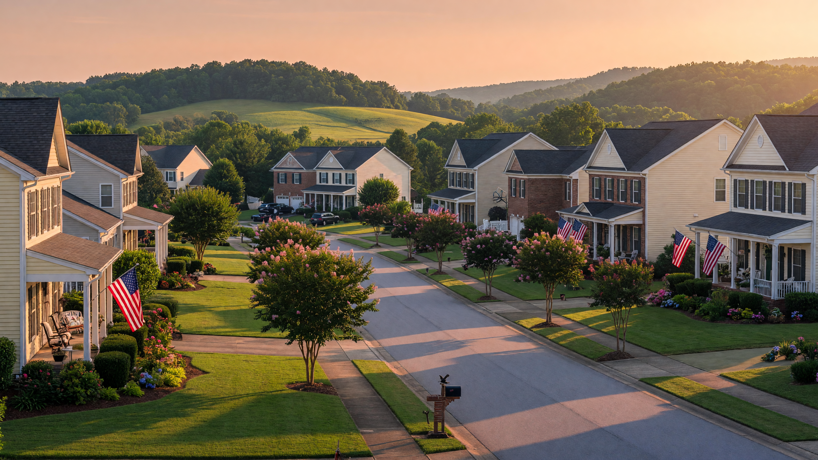 Quiet tree-lined residential street in a Virginia suburb with well-kept homes, American flags, and golden-hour light