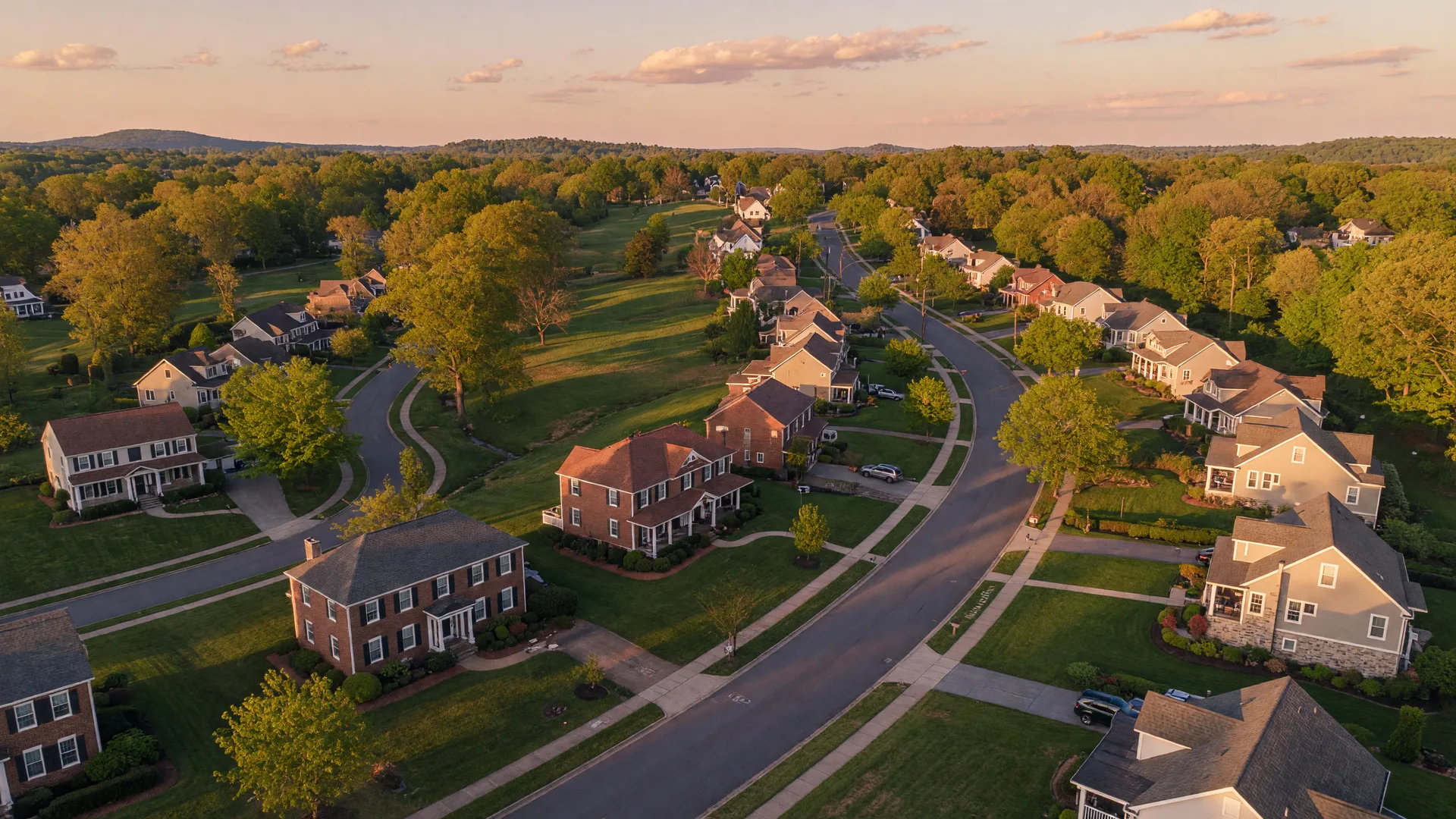 Tree-lined suburban neighborhood in the Richmond and Hampton Roads Virginia area at golden hour
