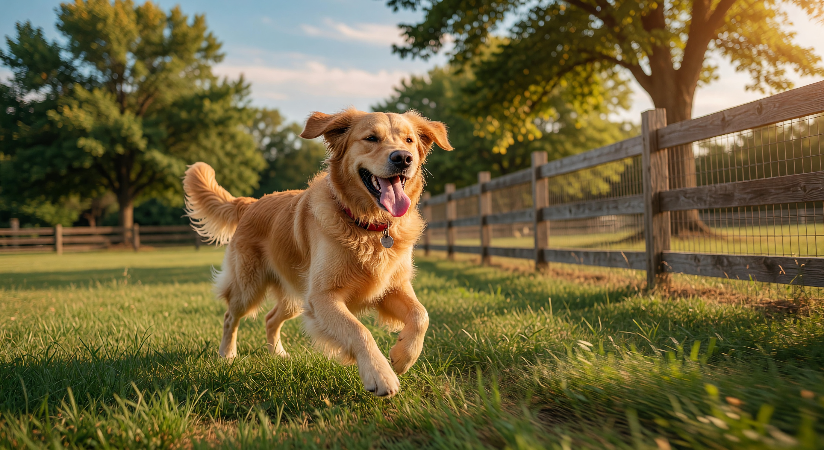 A golden retriever running joyfully through a spacious dog park on a sunny day