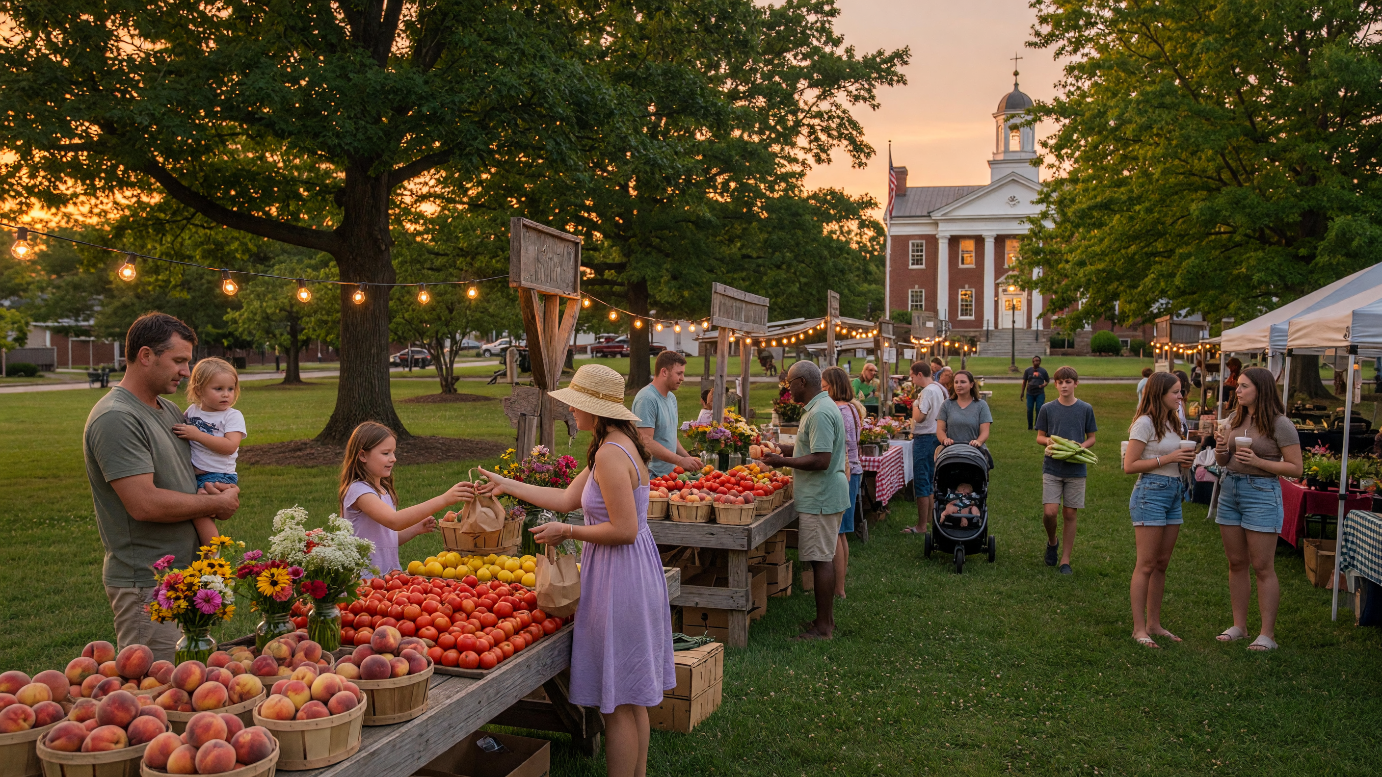 A warm summer evening farmers market in a Virginia town with vendor stalls, fresh seasonal produce, and community members gathering at dusk