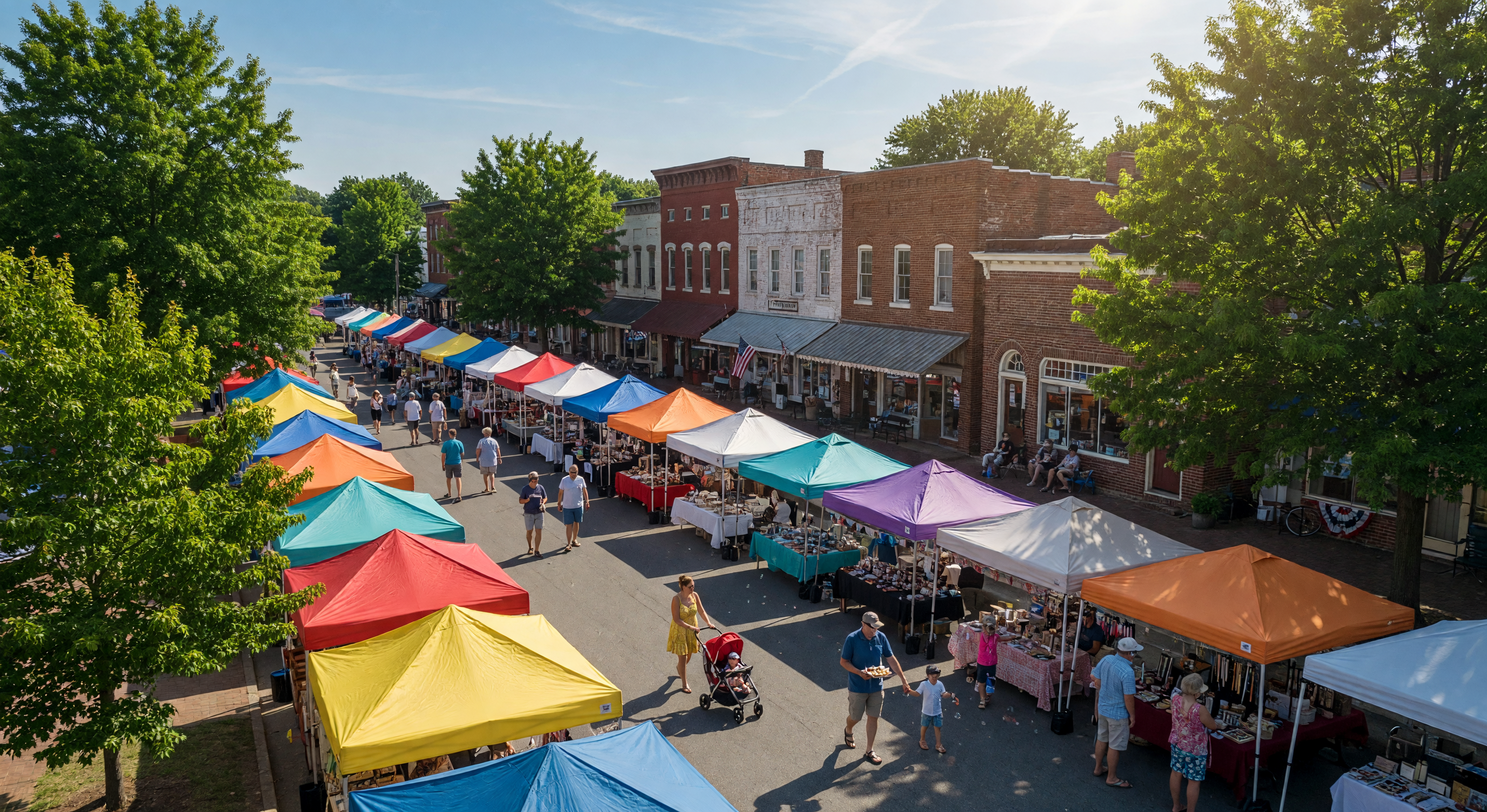 Vibrant outdoor festival in a Virginia town with colorful tents and families enjoying the day