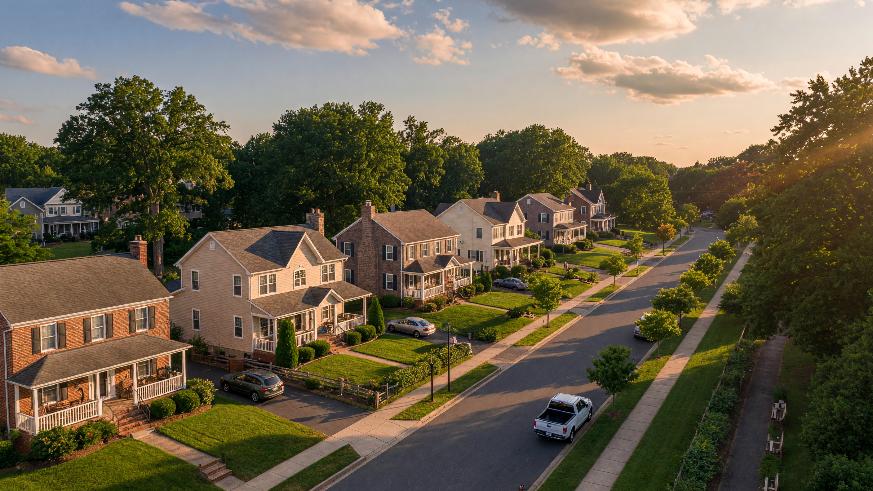 Aerial view of a well-maintained Virginia suburban neighborhood at golden hour with tree-lined streets and mature landscaping