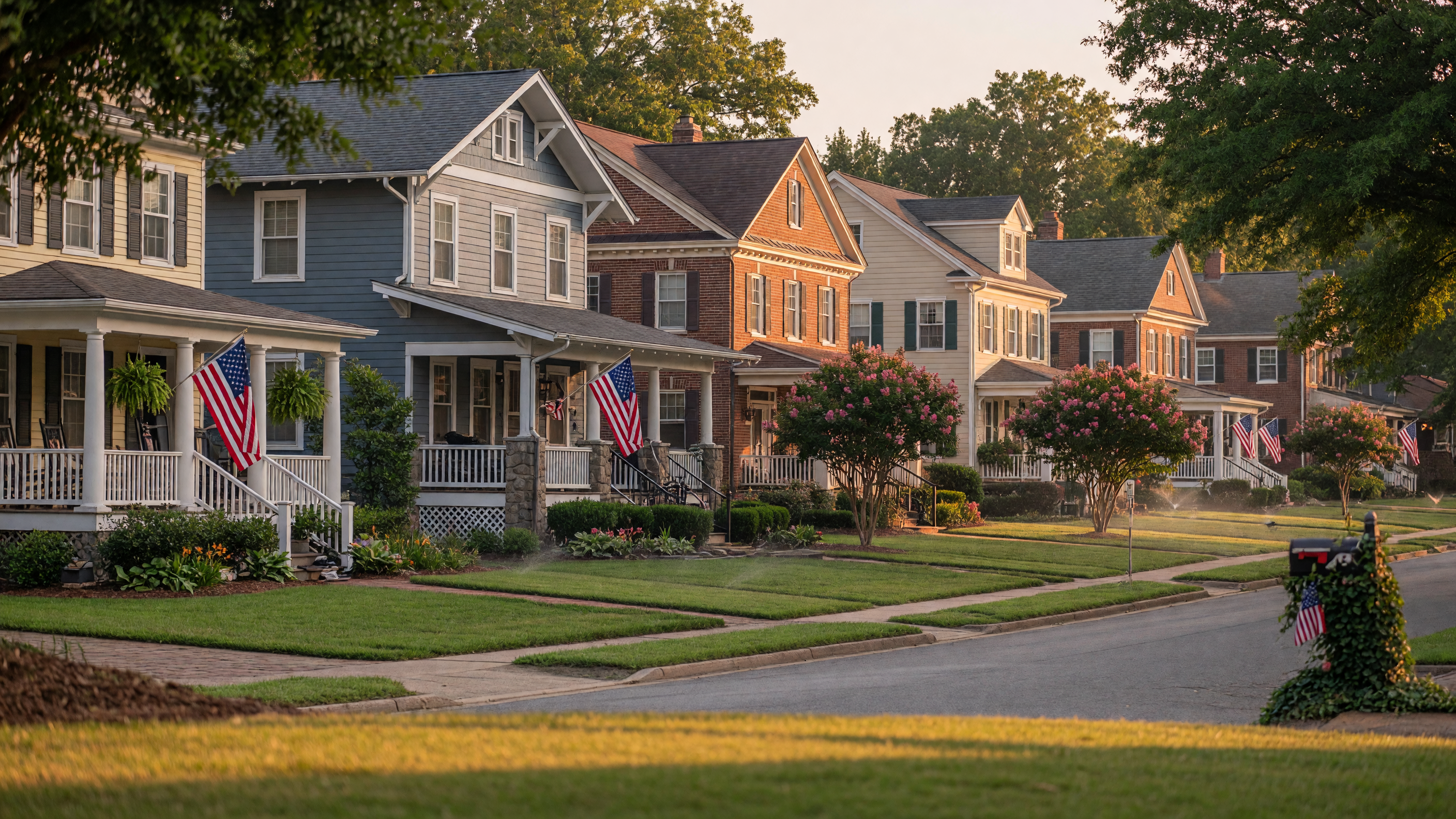 Tree-lined suburban street in Virginia with well-maintained homes and mature landscaping at golden hour