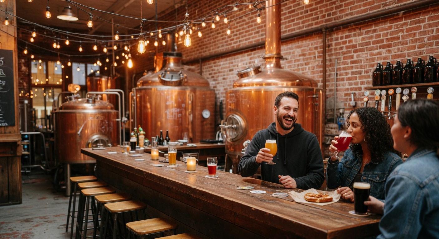 Craft brewery taproom with copper brewing tanks and warm industrial ambiance