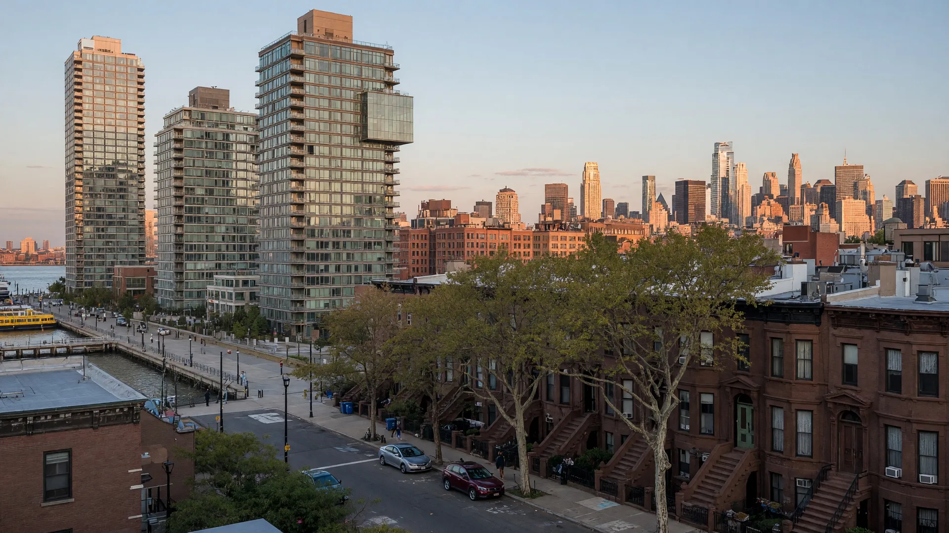 Hudson County New Jersey skyline showing modern high-rise condos and traditional townhouses