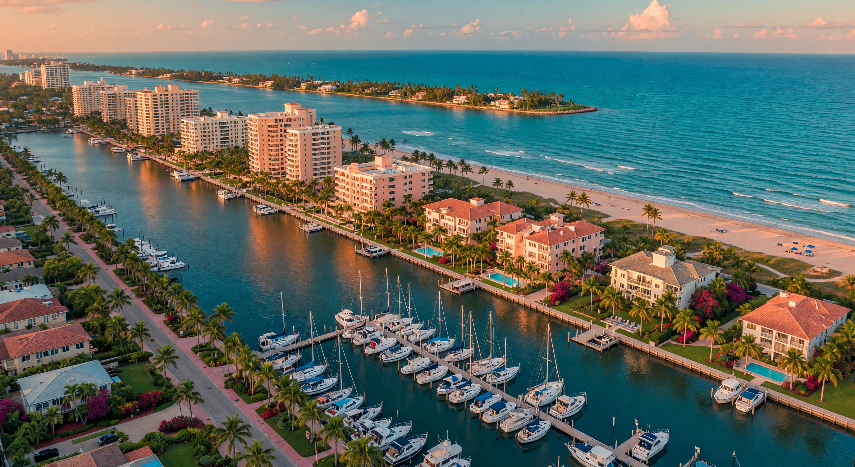 South Florida coastline with turquoise waters and palm-lined waterfront