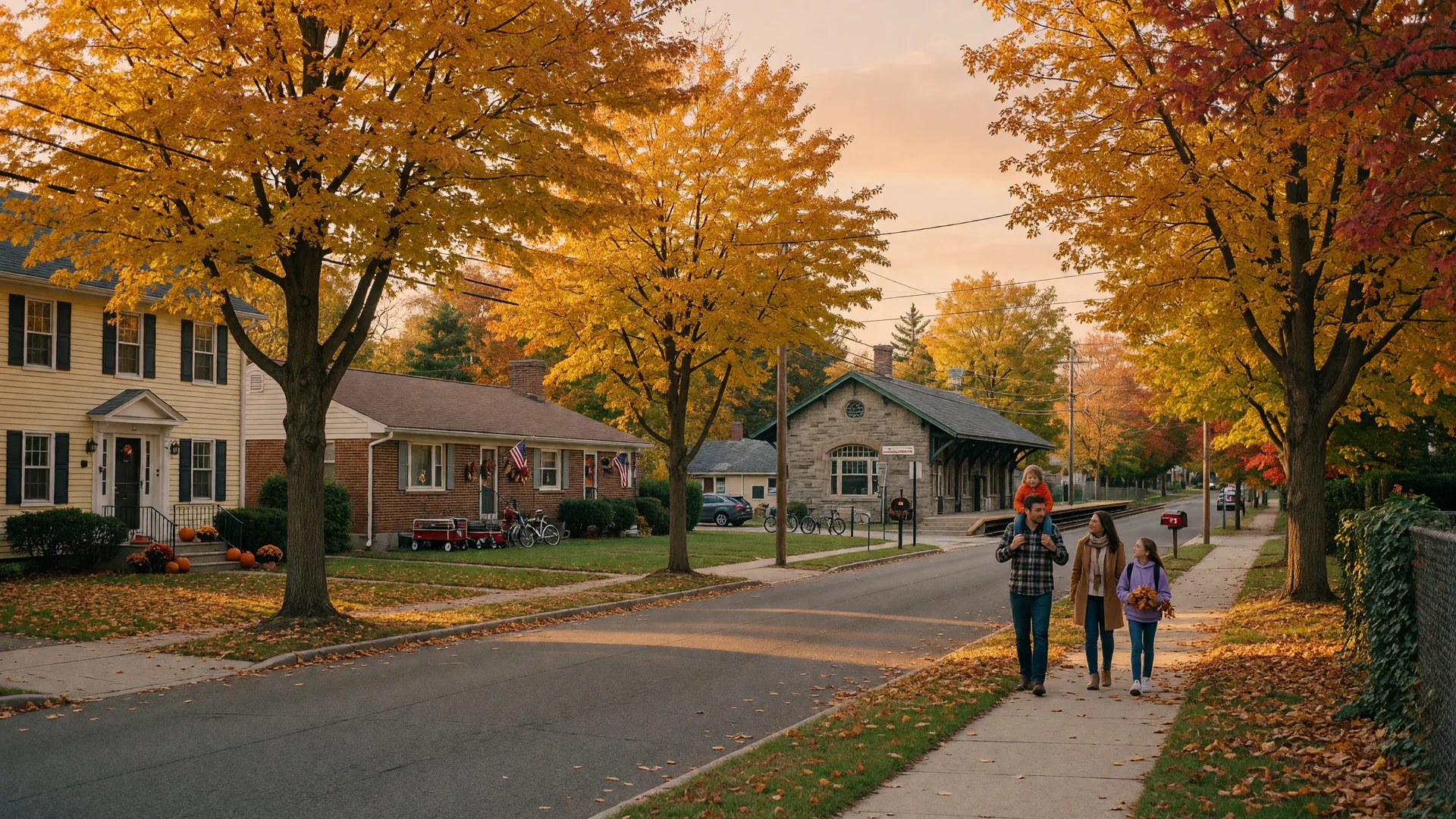 Tree-lined residential street in Glen Rock NJ with colonial homes and golden autumn foliage near the historic train station