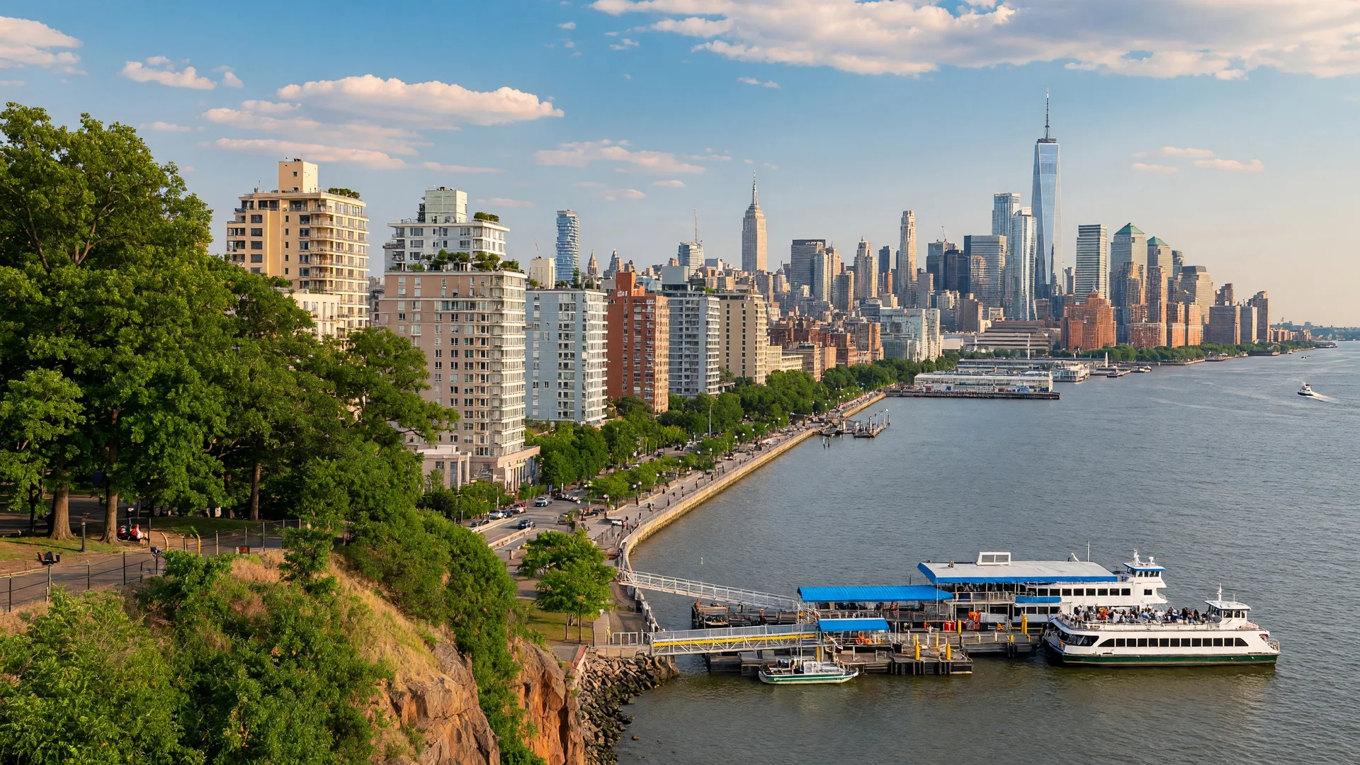 Panoramic view of the West New York NJ waterfront showing the Hudson River, high-rise residential buildings, and the Manhattan skyline on a clear summer day