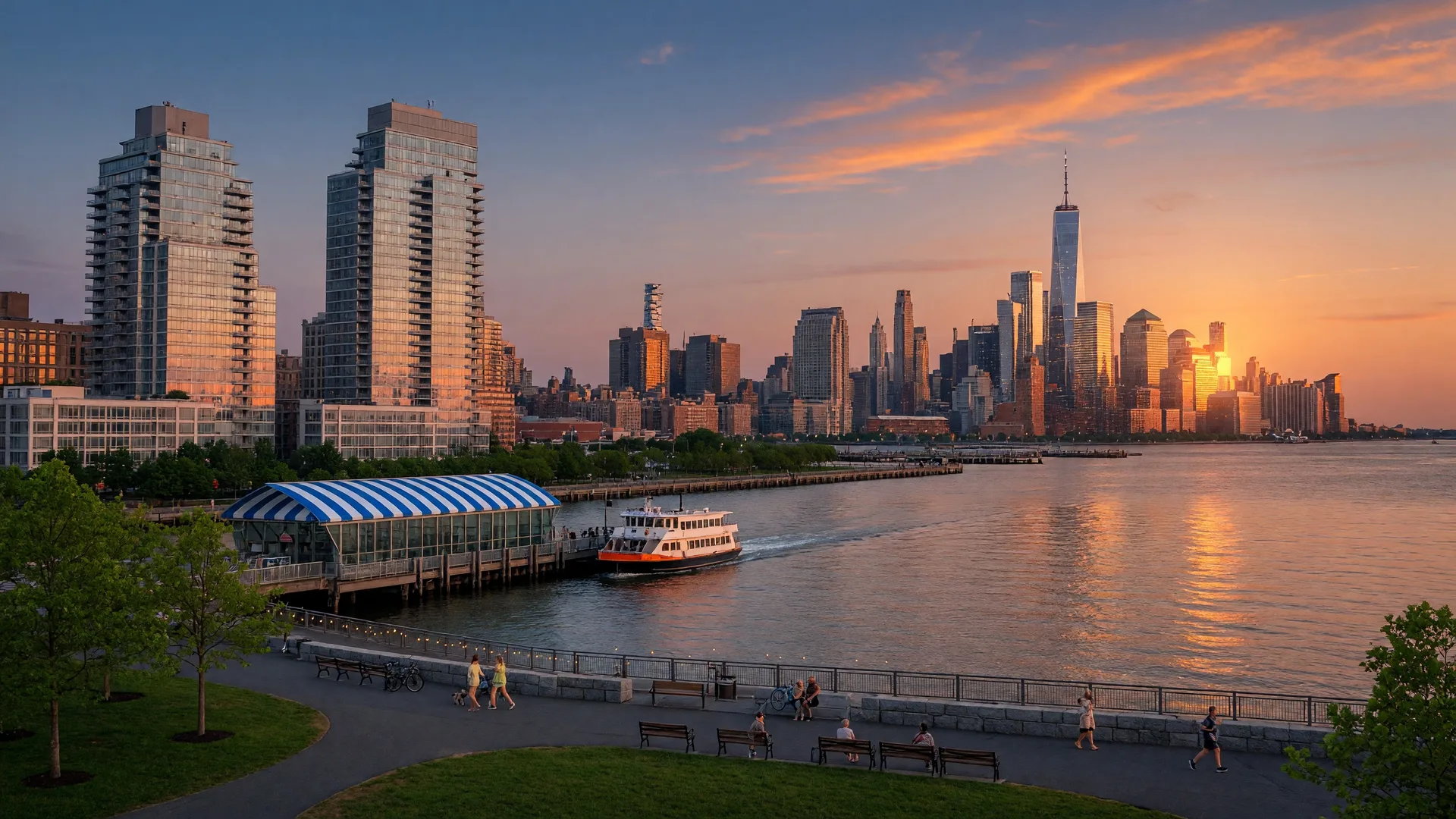 Weehawken waterfront at golden hour with Manhattan skyline across the Hudson River