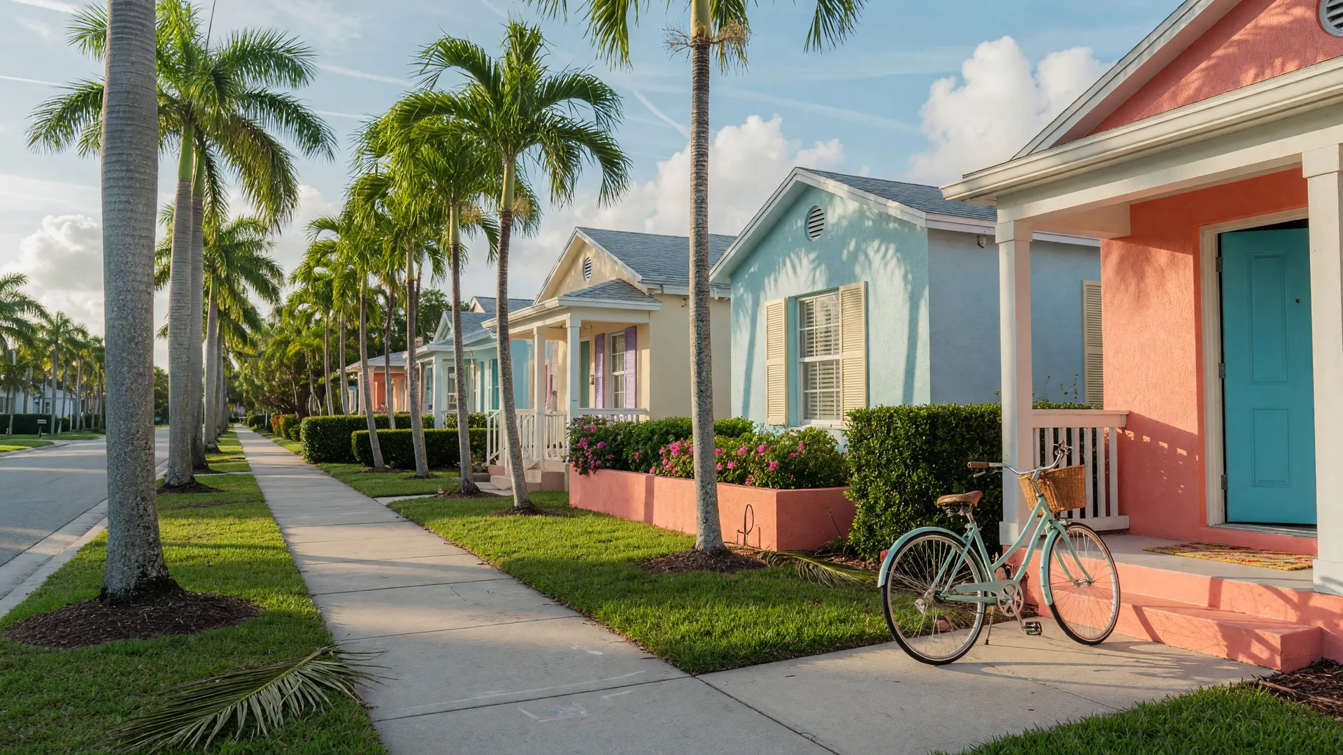 A welcoming Florida residential street lined with palm trees and pastel-colored homes under a bright blue sky