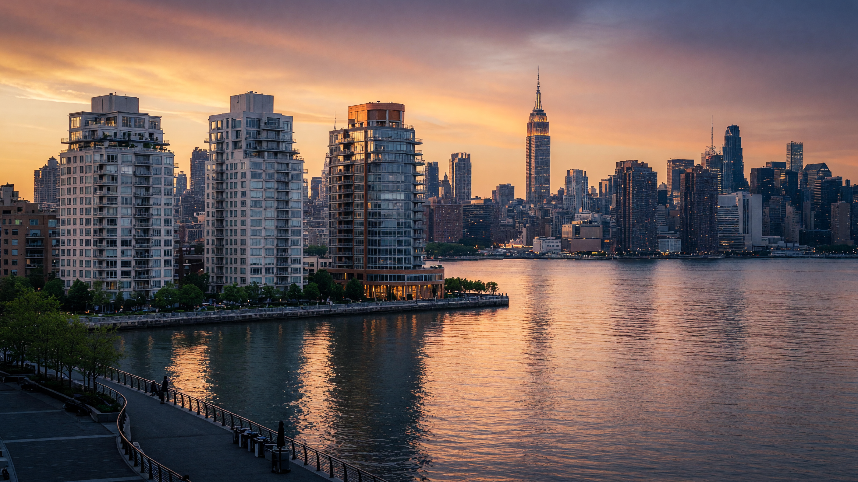 Edgewater NJ waterfront with Manhattan skyline across the Hudson River at golden hour
