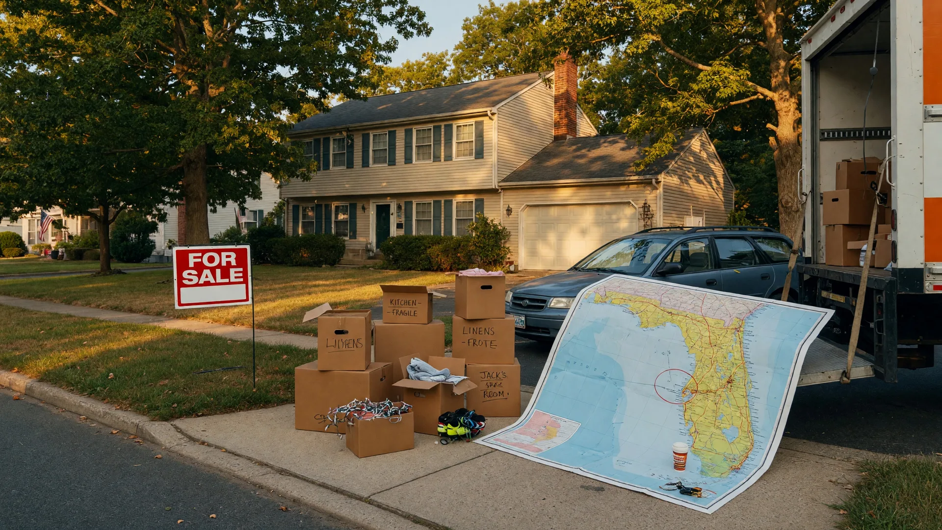 New Jersey home for sale with moving boxes and a map of Florida in the background