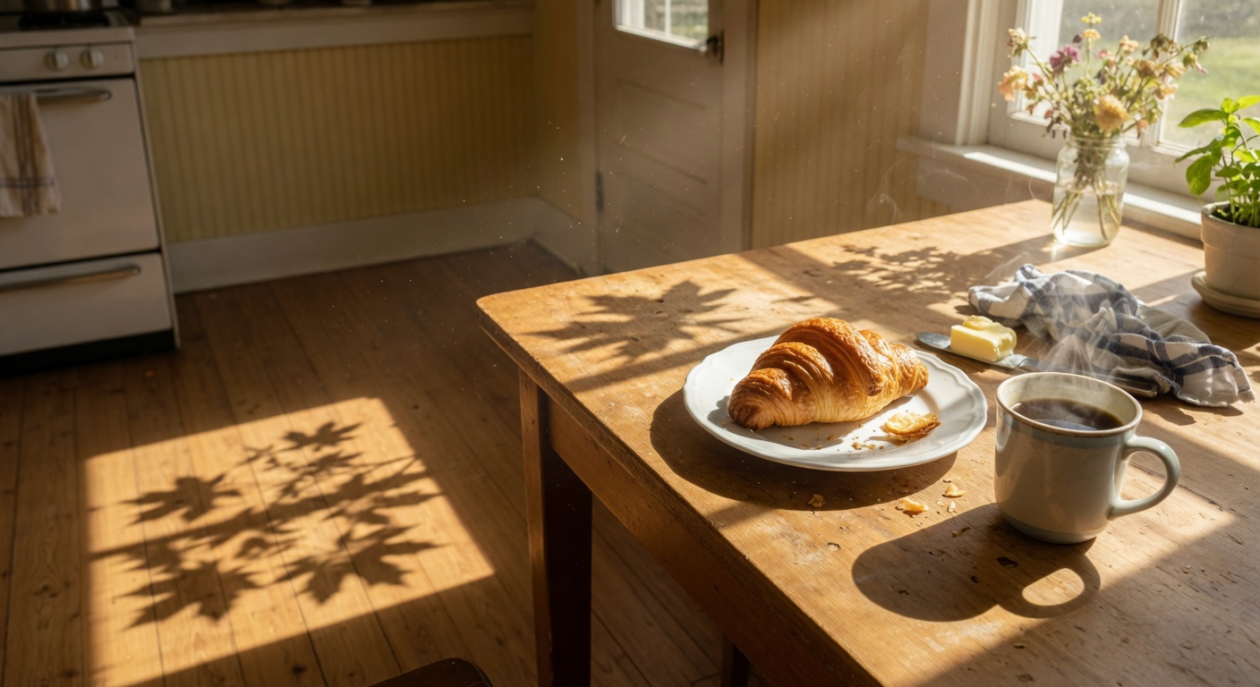 A warm breakfast table with a steaming coffee cup and croissant in morning sunlight