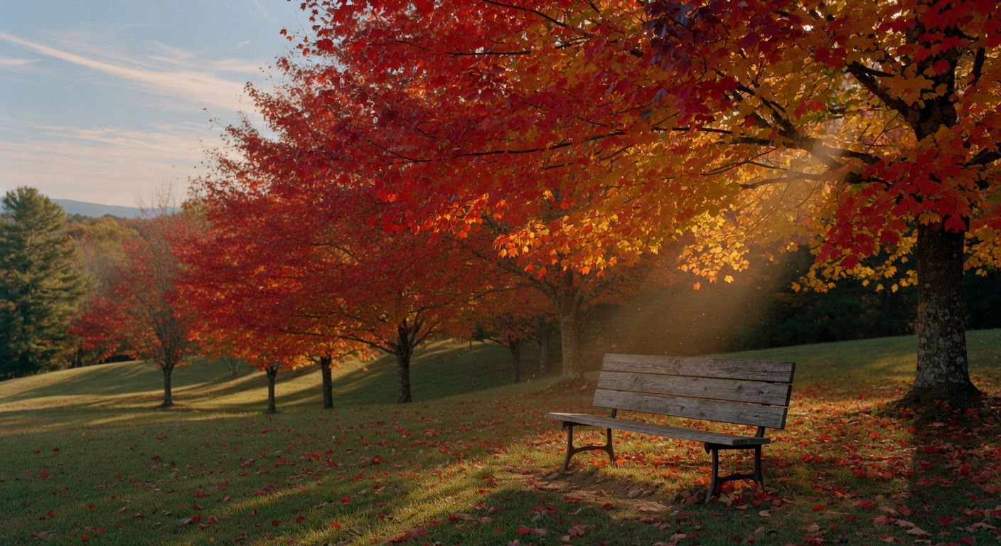 A beautiful autumn yard scene with gold sugar maple trees in central North Carolina
