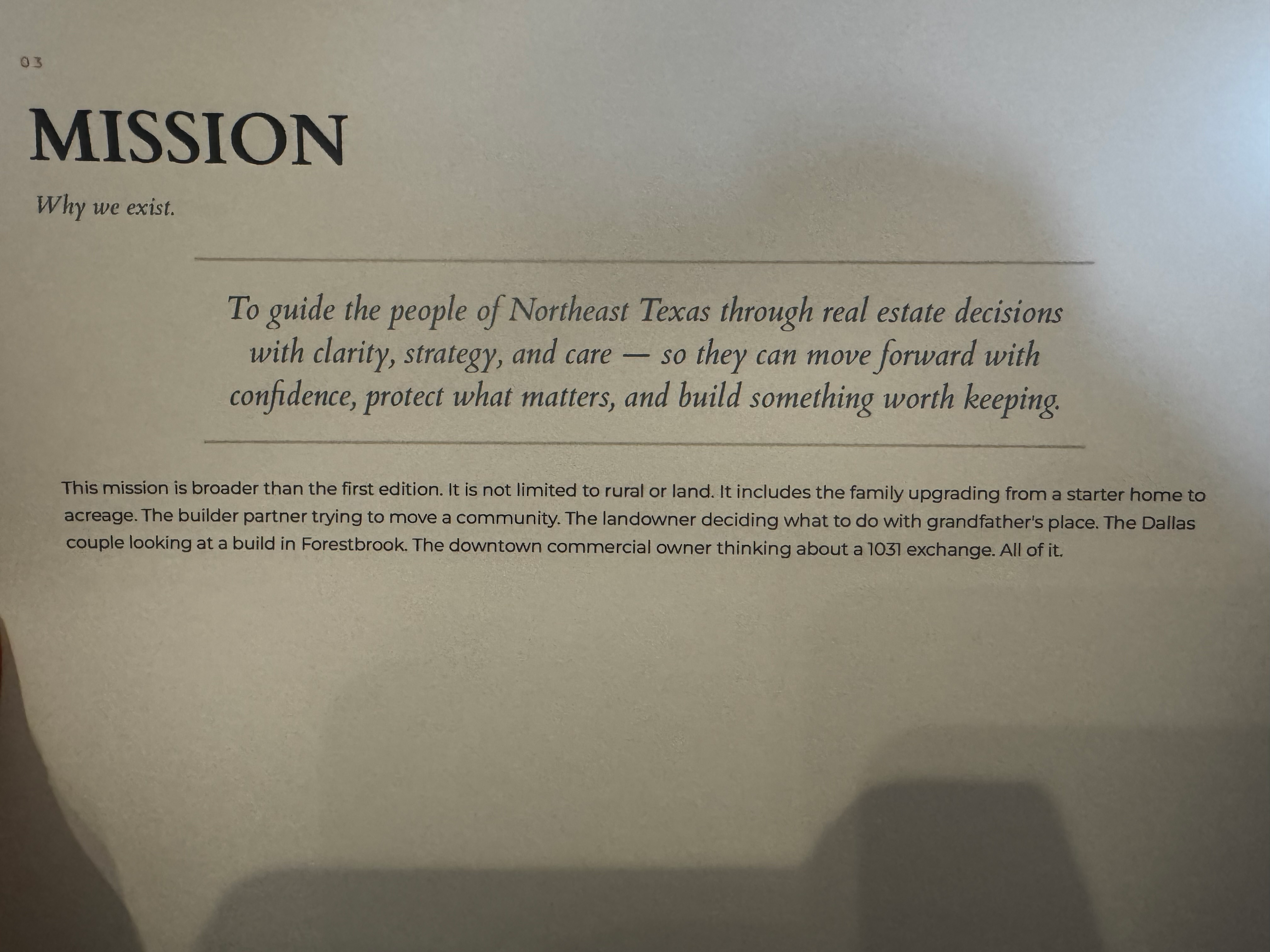 The Shannon Miles Group mission statement printed on ivory paper