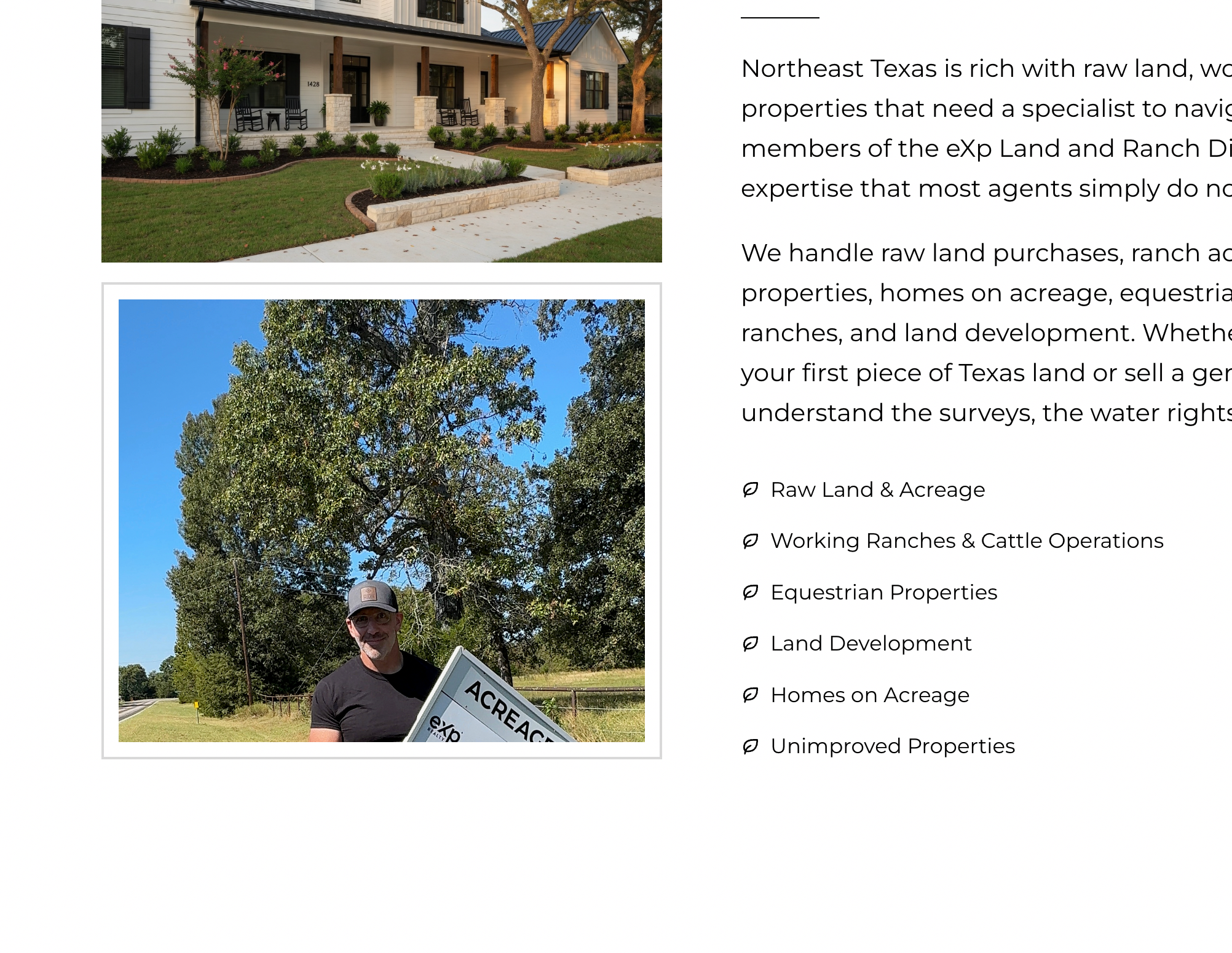 Seller agent holding an eXp Realty acreage sign in a grassy field near trees