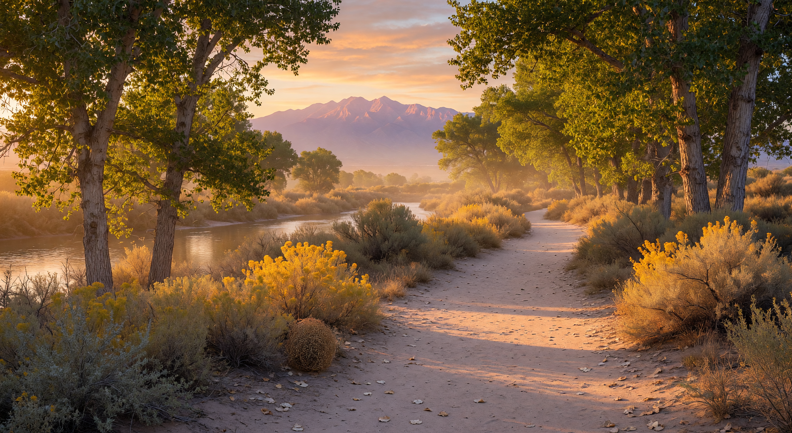 Rio Grande Bosque trail lined with cottonwood trees