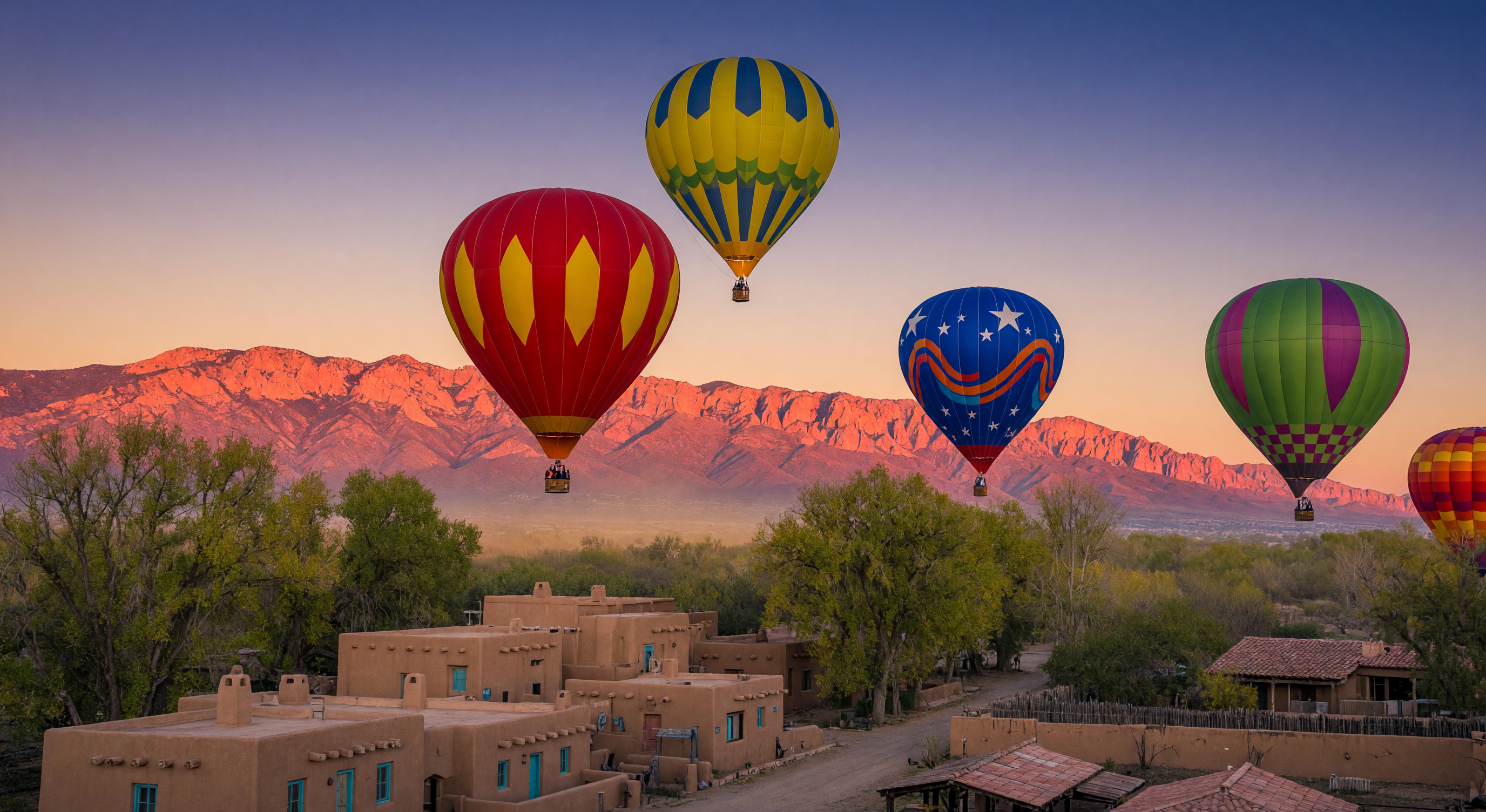 Hot air balloons floating over the Sandia Mountains at sunrise