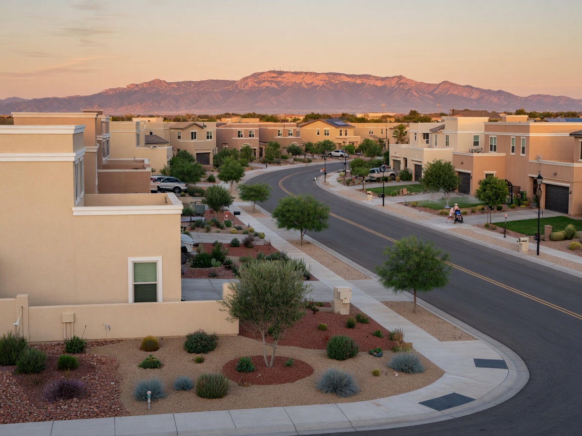 Modern suburban luxury neighborhood in Rio Rancho NM with newer construction homes and mountain views