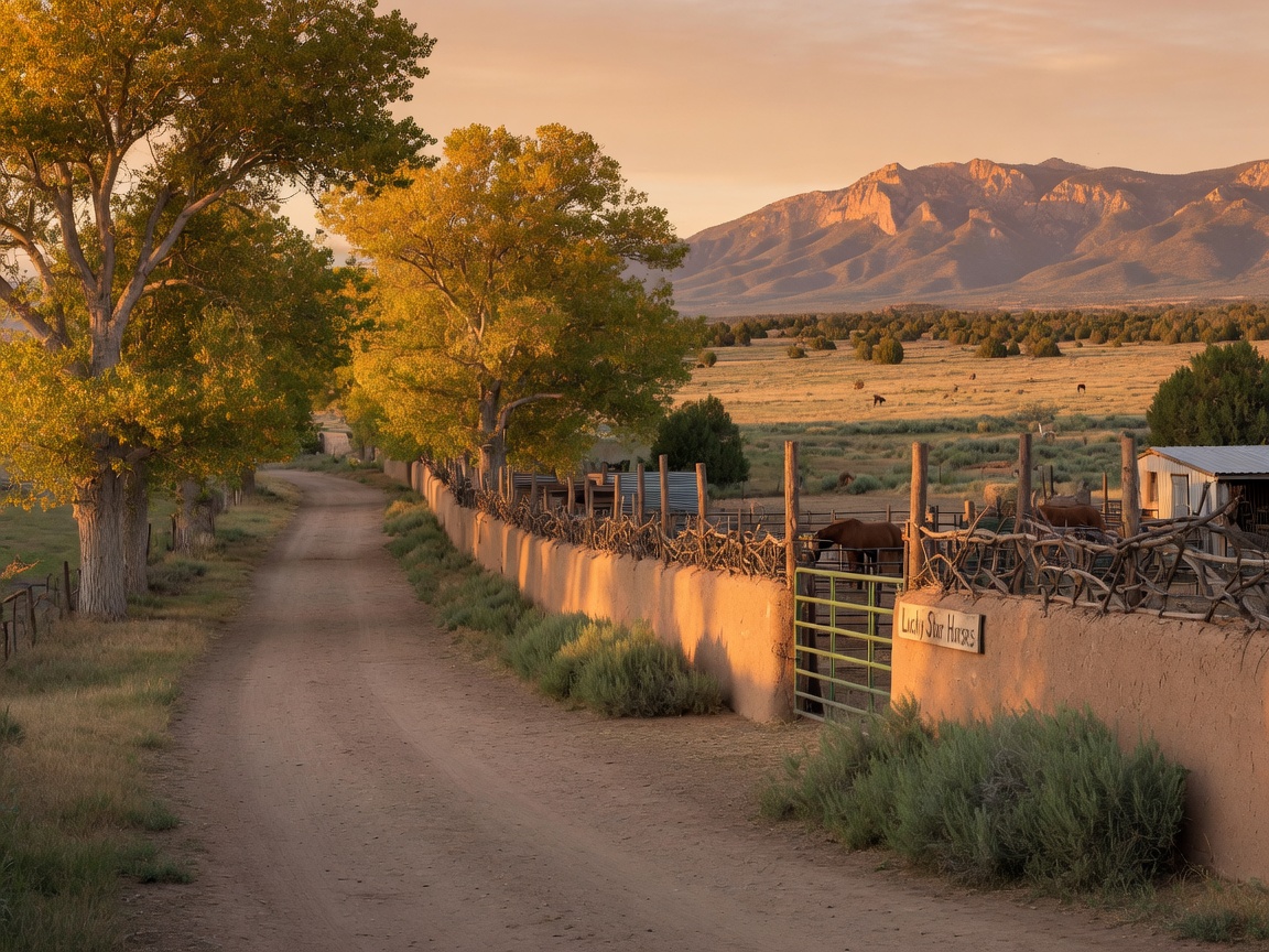 Rural village setting with cottonwood-lined lane, horse properties, and mountain views in Corrales NM