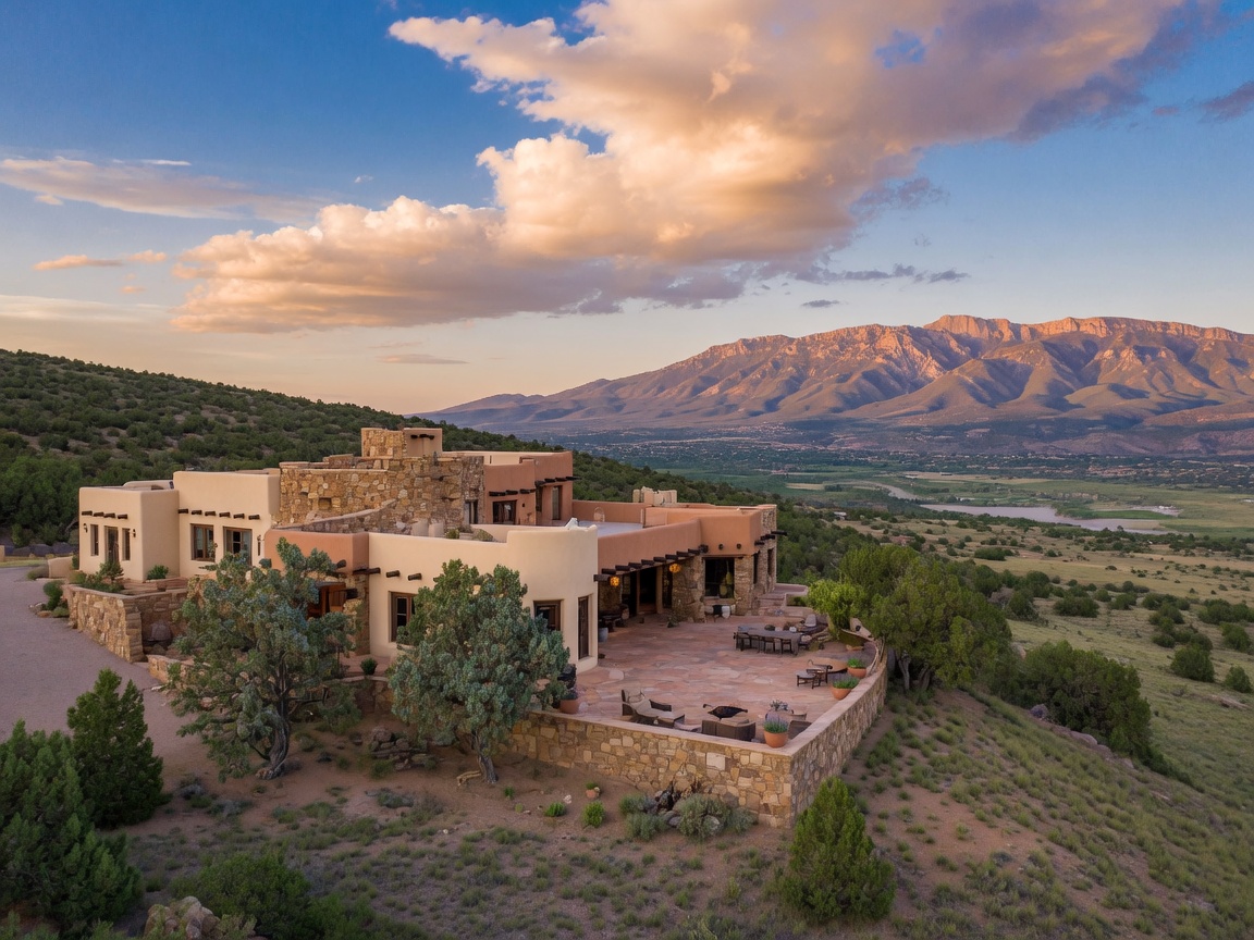 Elevated hilltop custom luxury estate in Placitas NM with panoramic Sandia Mountain and Rio Grande valley views