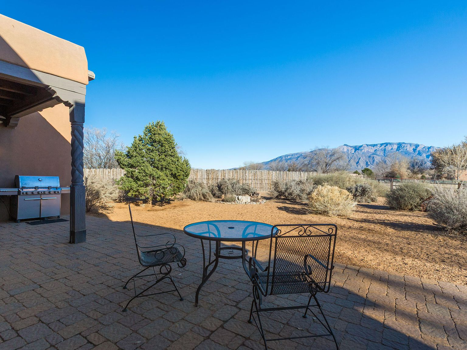 Backyard patio with Sandia Mountain views