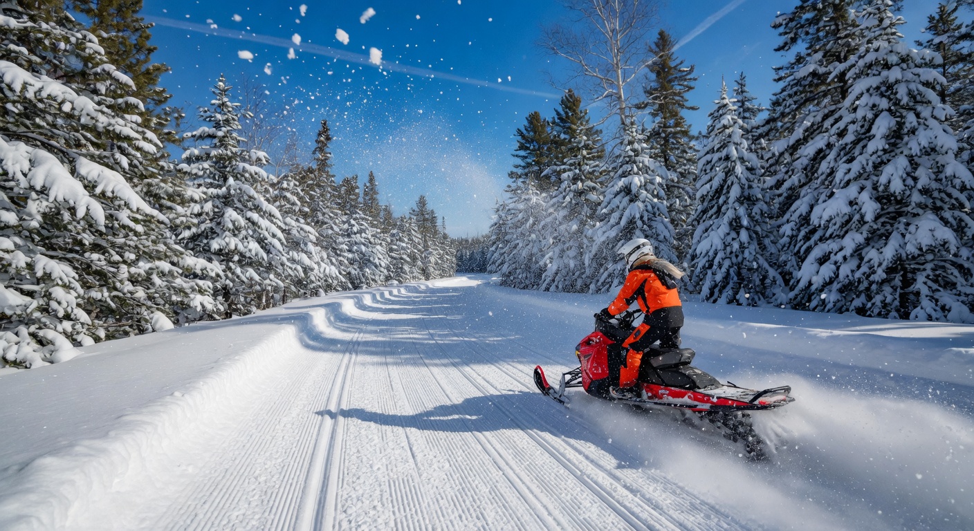 Snowmobiling on a groomed Northwoods trail