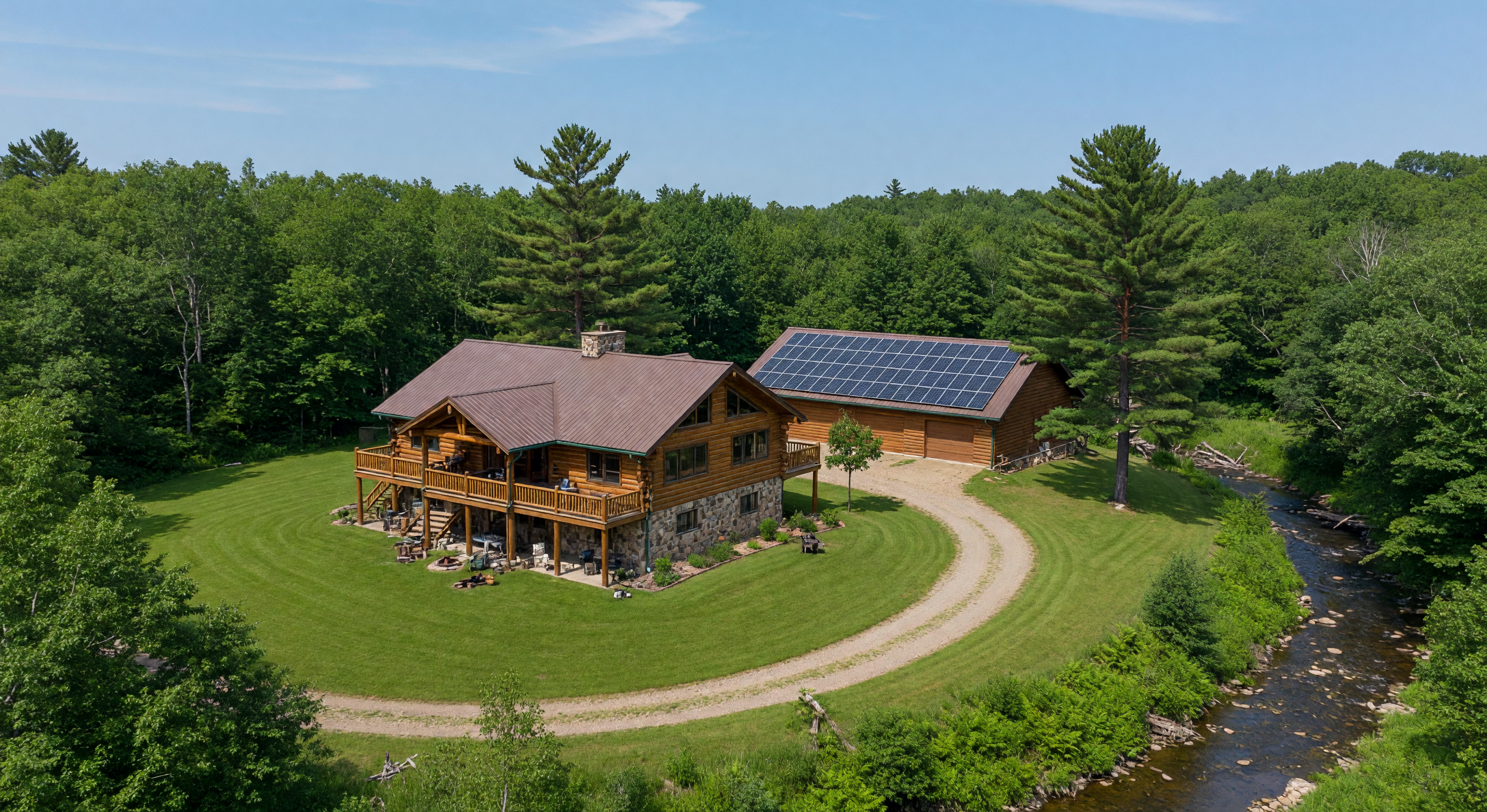 Peaceful log cabin porch scene in northern Wisconsin countryside