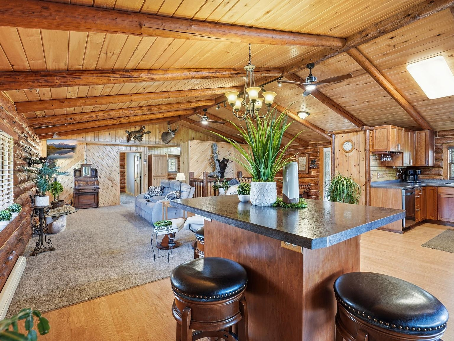 Open-concept kitchen and living area with log beams and wood paneling