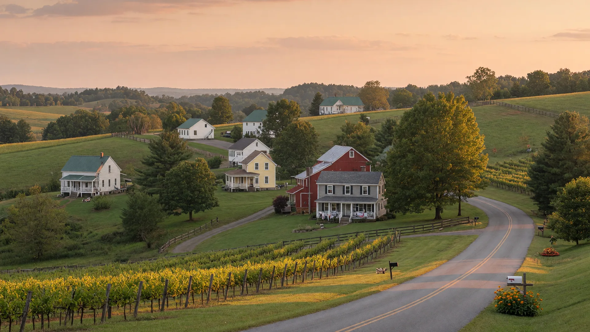 Rolling green countryside with homes nestled among trees in New Kent County, Virginia at golden hour