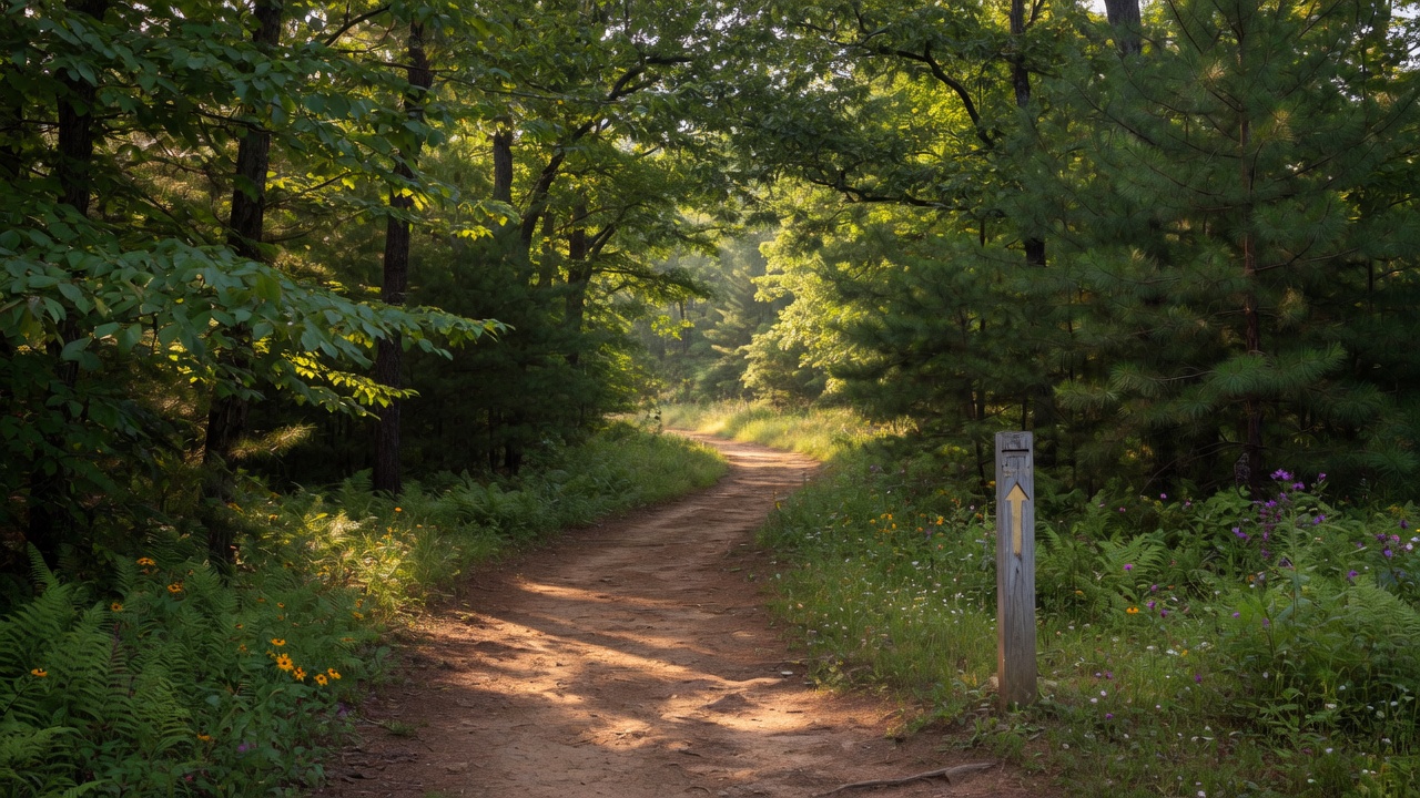 Shaded forest hiking trail through Virginia hardwood trees on a bright summer morning with dappled sunlight on a dirt path