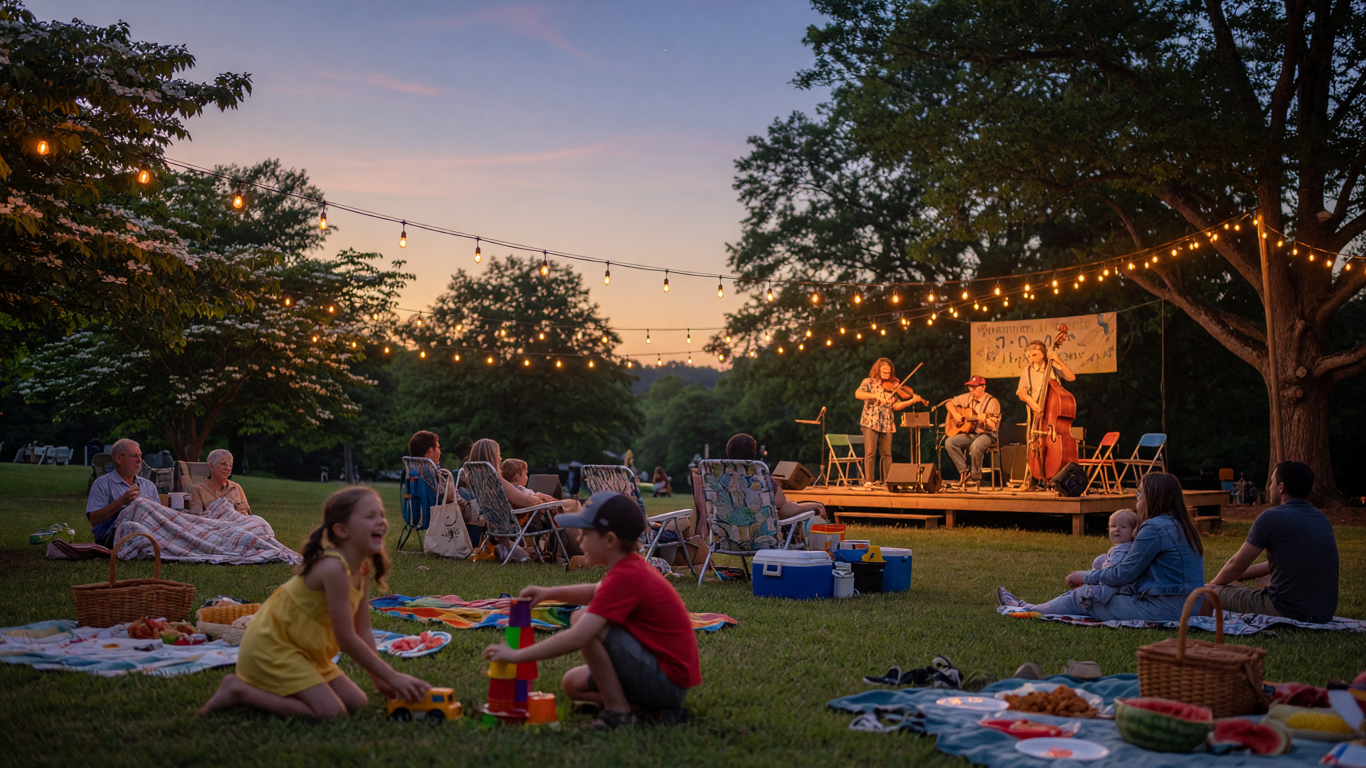 Families enjoying a community outdoor concert at dusk in a Virginia town park, with string lights overhead and children playing on the grass