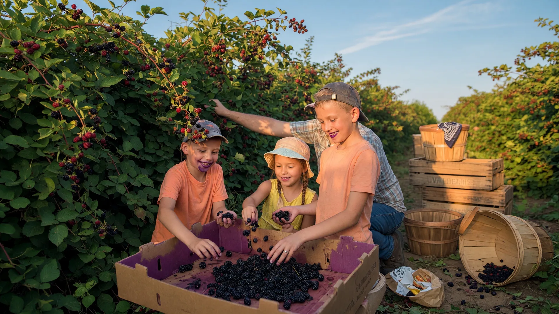 Family picking blackberries at a Virginia you-pick farm on a warm summer afternoon with cardboard flats full of ripe berries