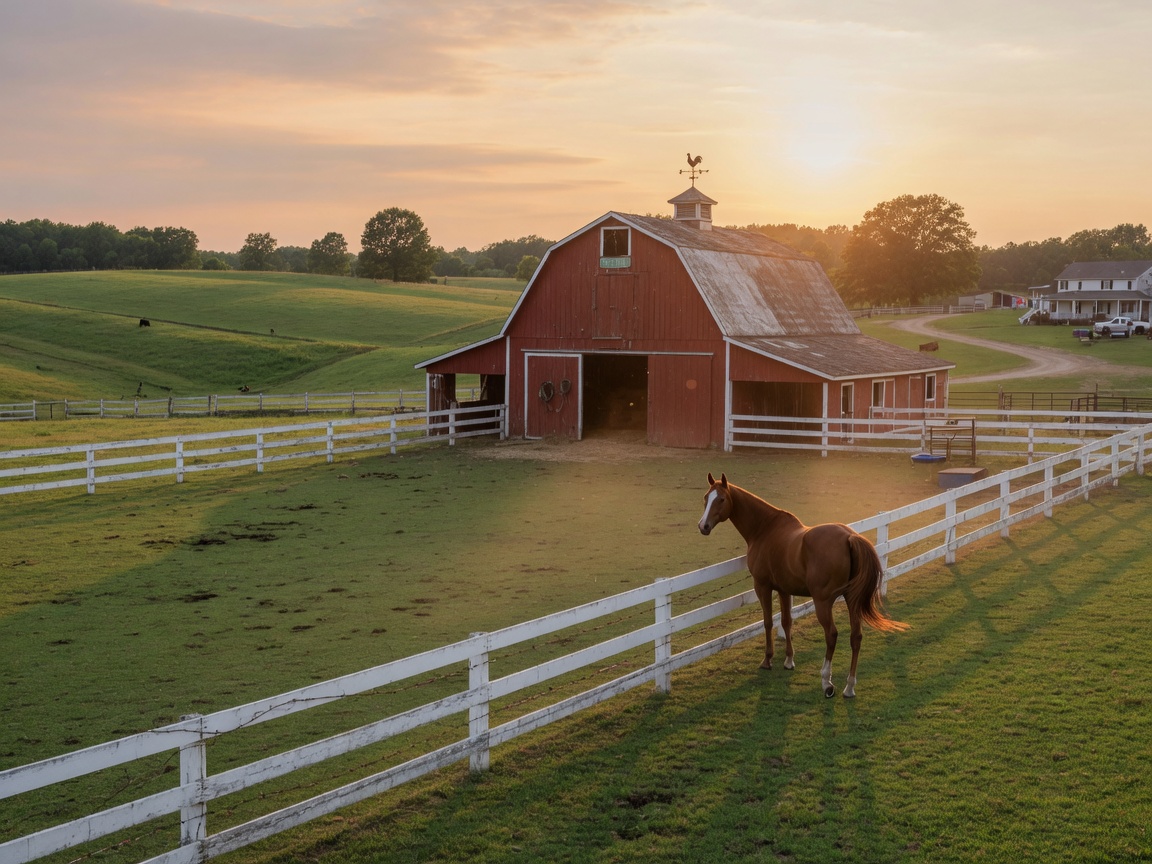 Virginia horse farm with white board fencing and green pastures in New Kent County