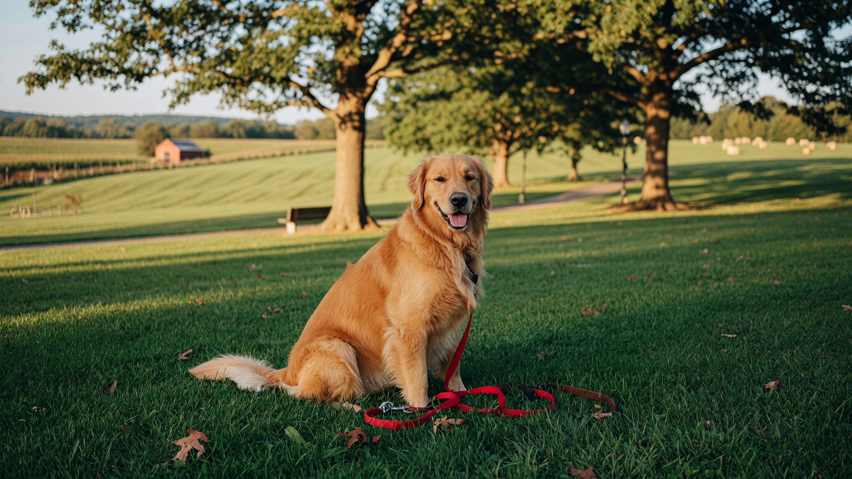 A happy golden retriever relaxing in a sunlit Virginia countryside park with green grass and mature trees