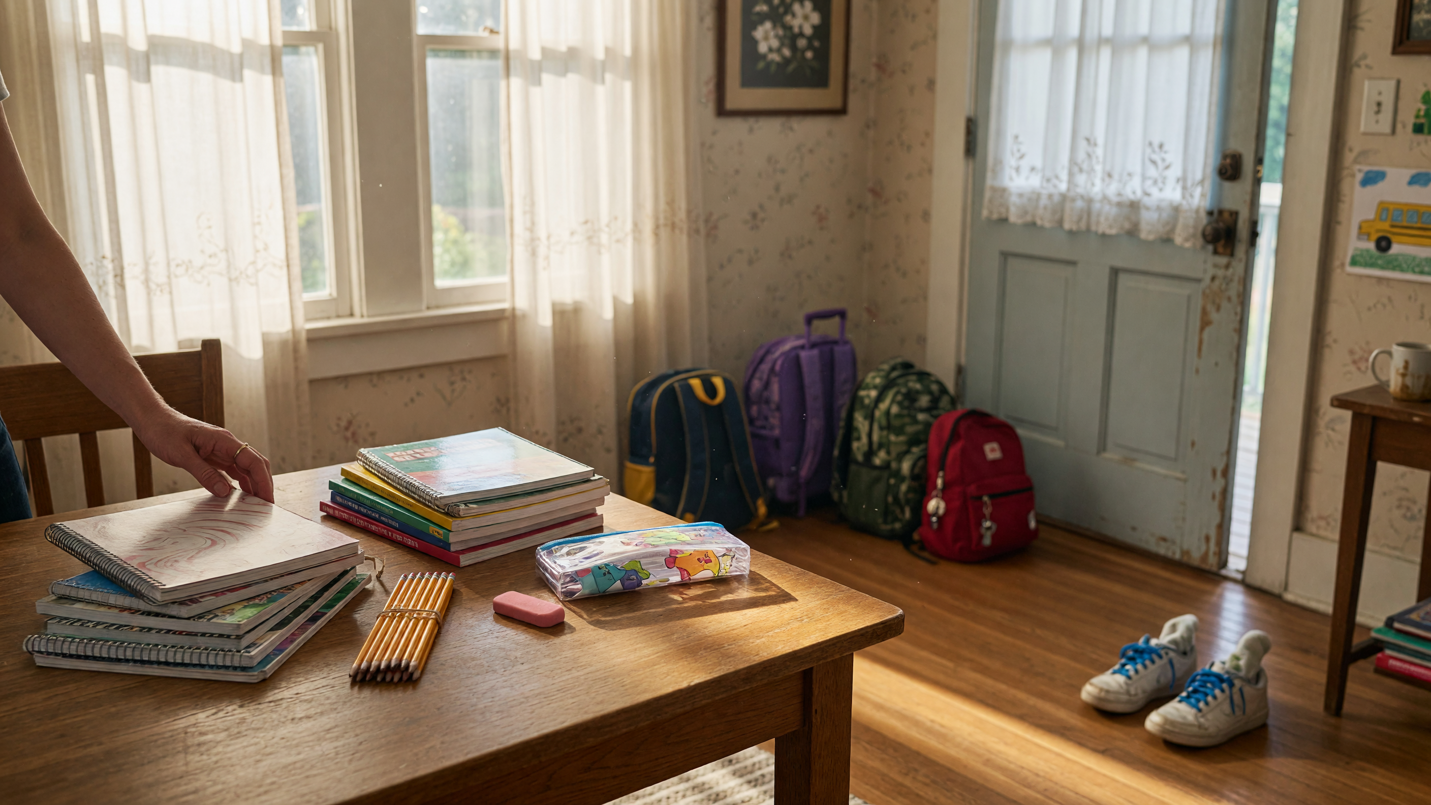 Backpacks and school supplies arranged on a table by a sunlit front door in a Virginia home