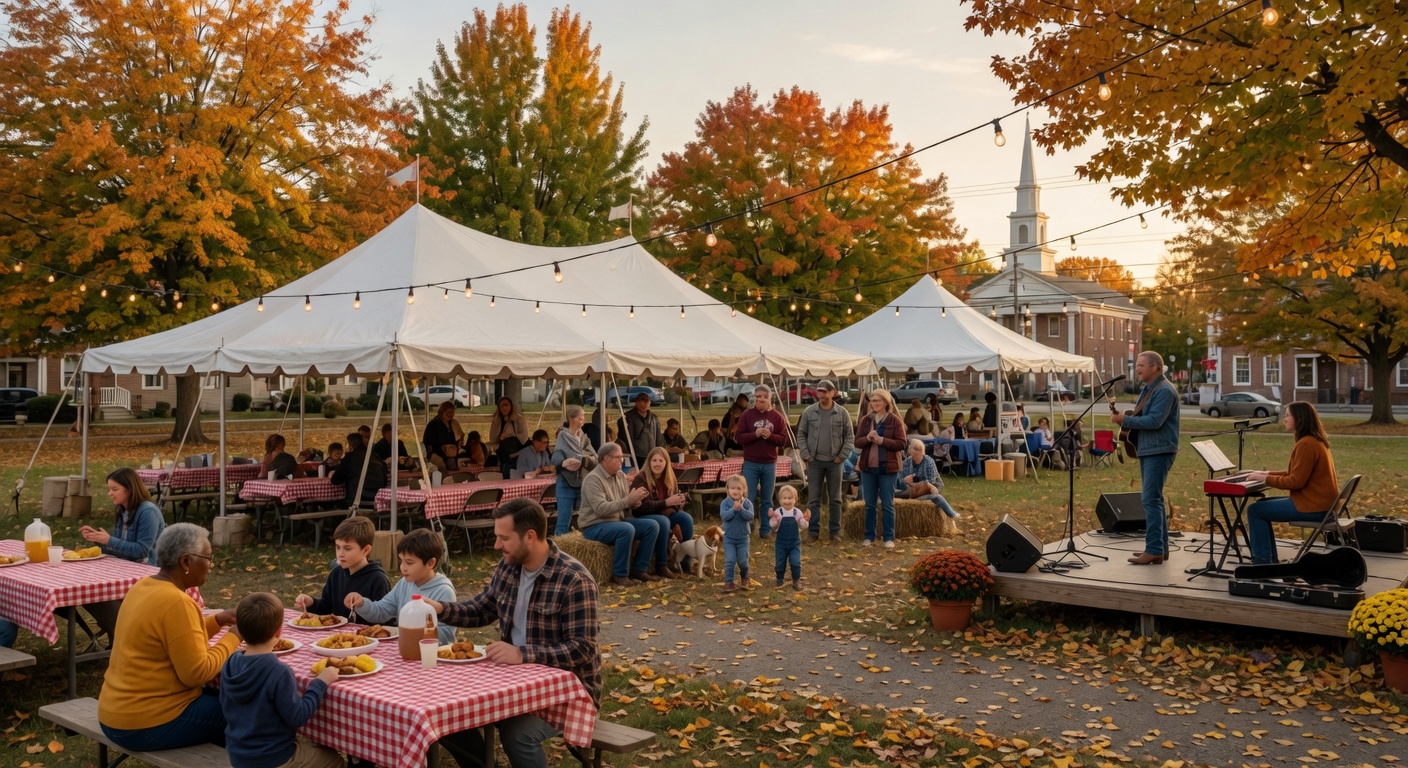 Outdoor community festival with tents and families in a Virginia park