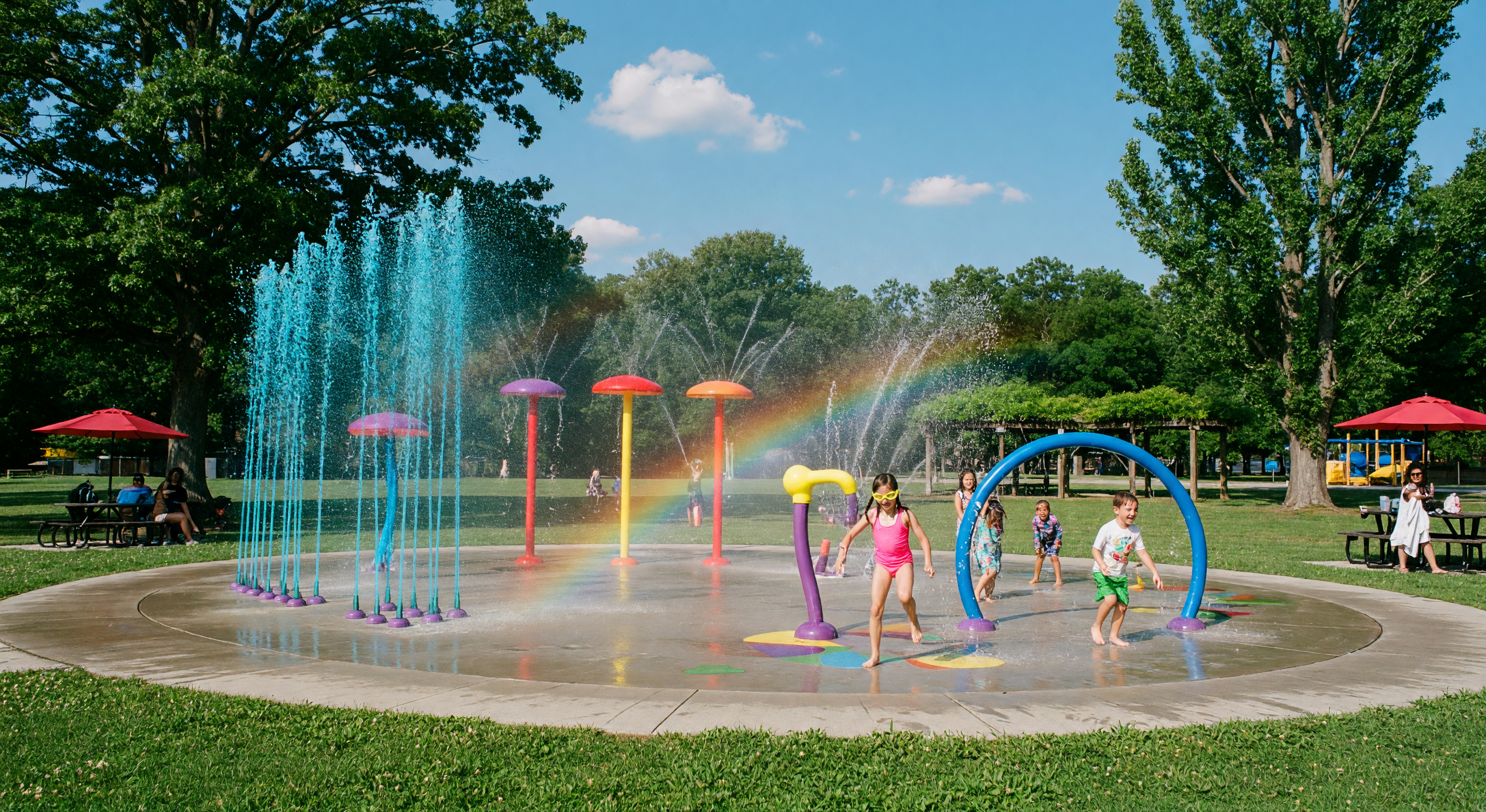 Children playing at a colorful splash pad on a sunny summer day with water jets spraying upward in a green park setting