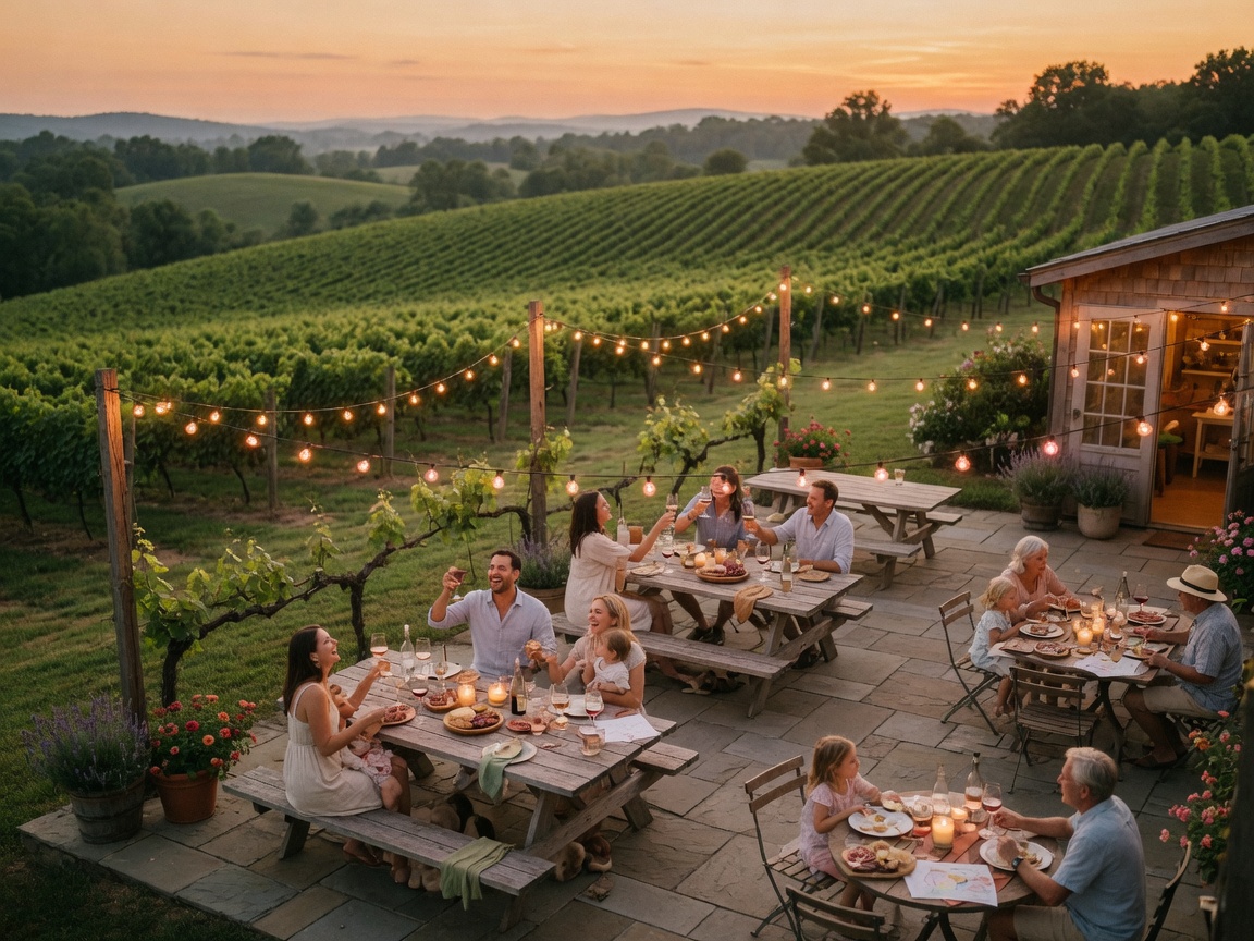 Scenic vineyard tasting room patio at sunset with outdoor seating and string lights