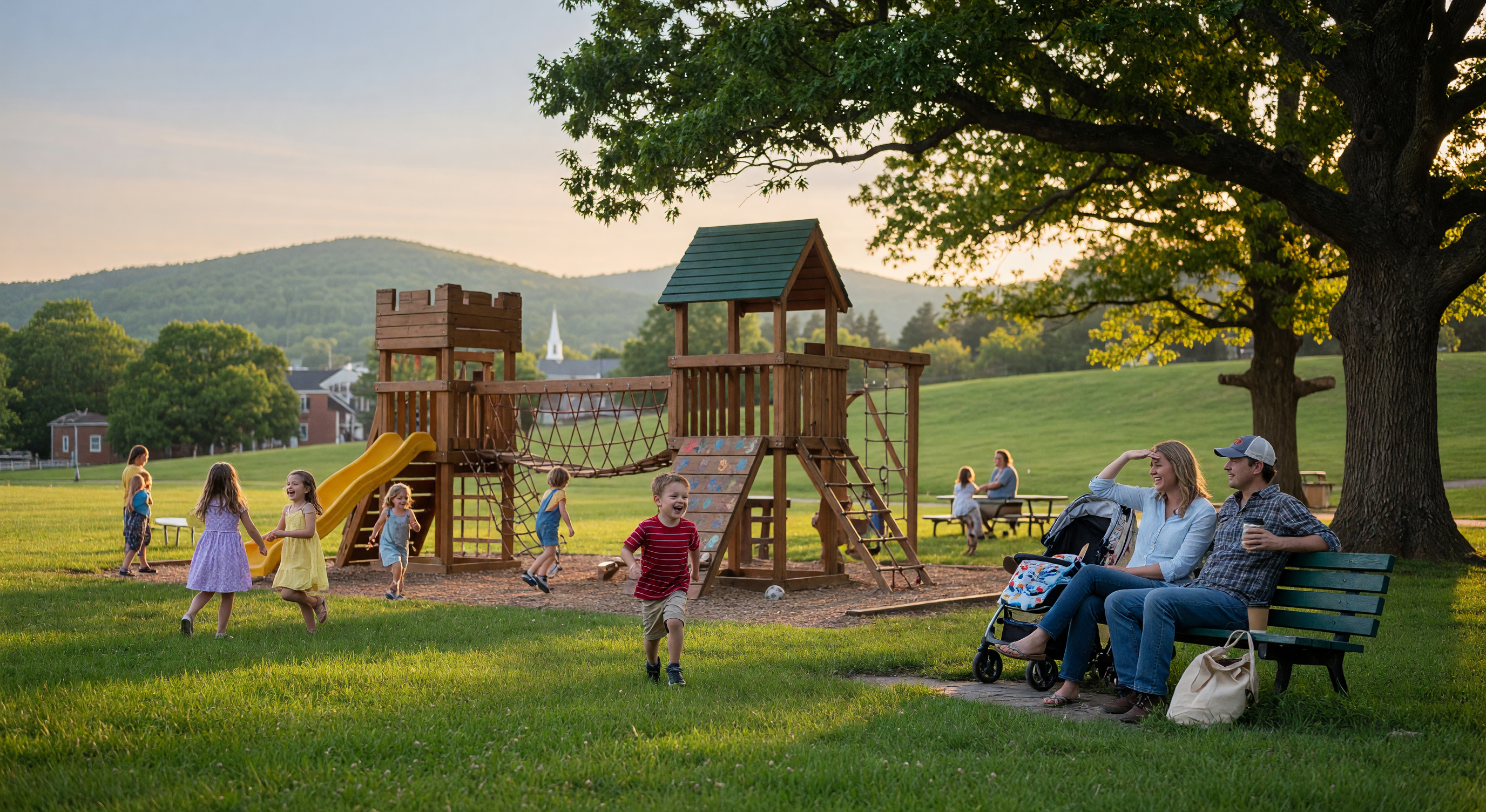 Children playing on a sunny playground in a small Virginia community park with parents watching nearby