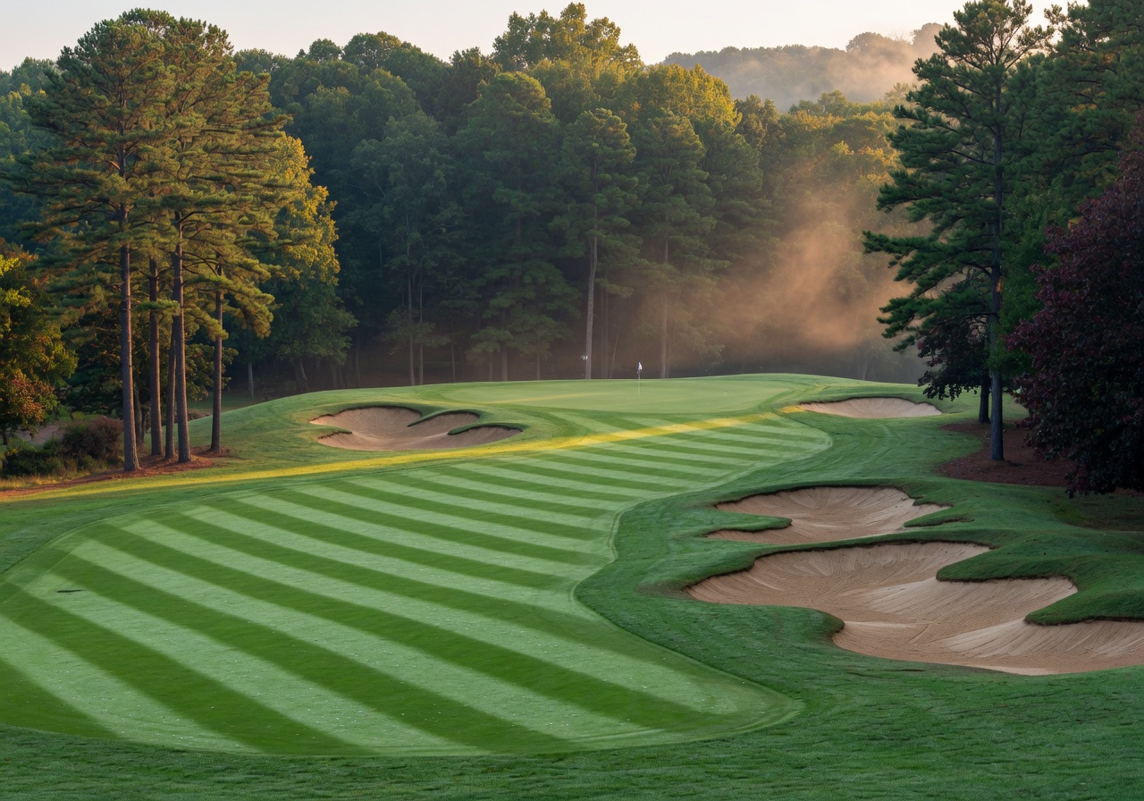 Manicured rolling fairway and green at a championship golf course in Providence Forge, Virginia