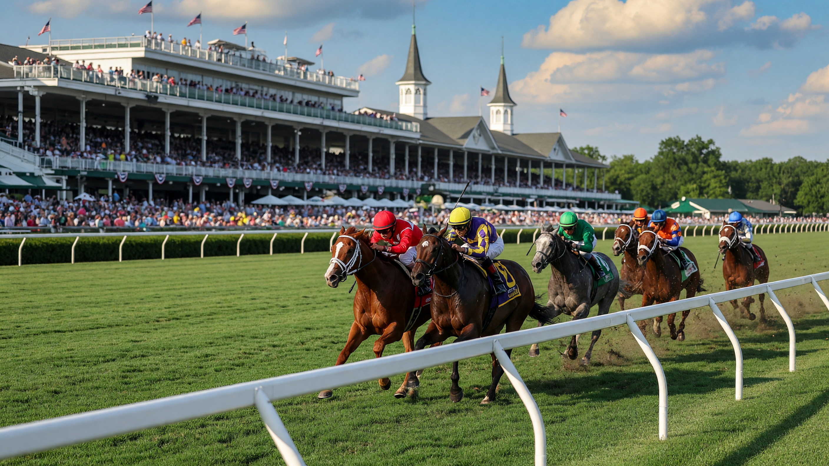 Thoroughbred horses racing on a lush green turf track at Colonial Downs in New Kent County, Virginia on a bright summer day